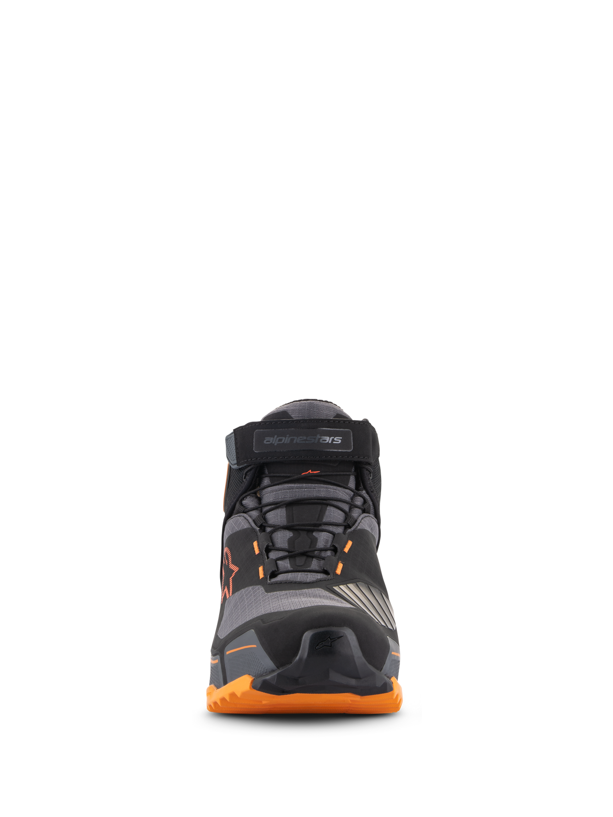 Alpinestars CR-X Drystar® køresko, set forfra, sort, lysebrun og orange, med et sikkert snøresystem og ankelrem, beskyttende tåkappe og en robust orange sål, vandtæt urbant motorcykelfodtøj