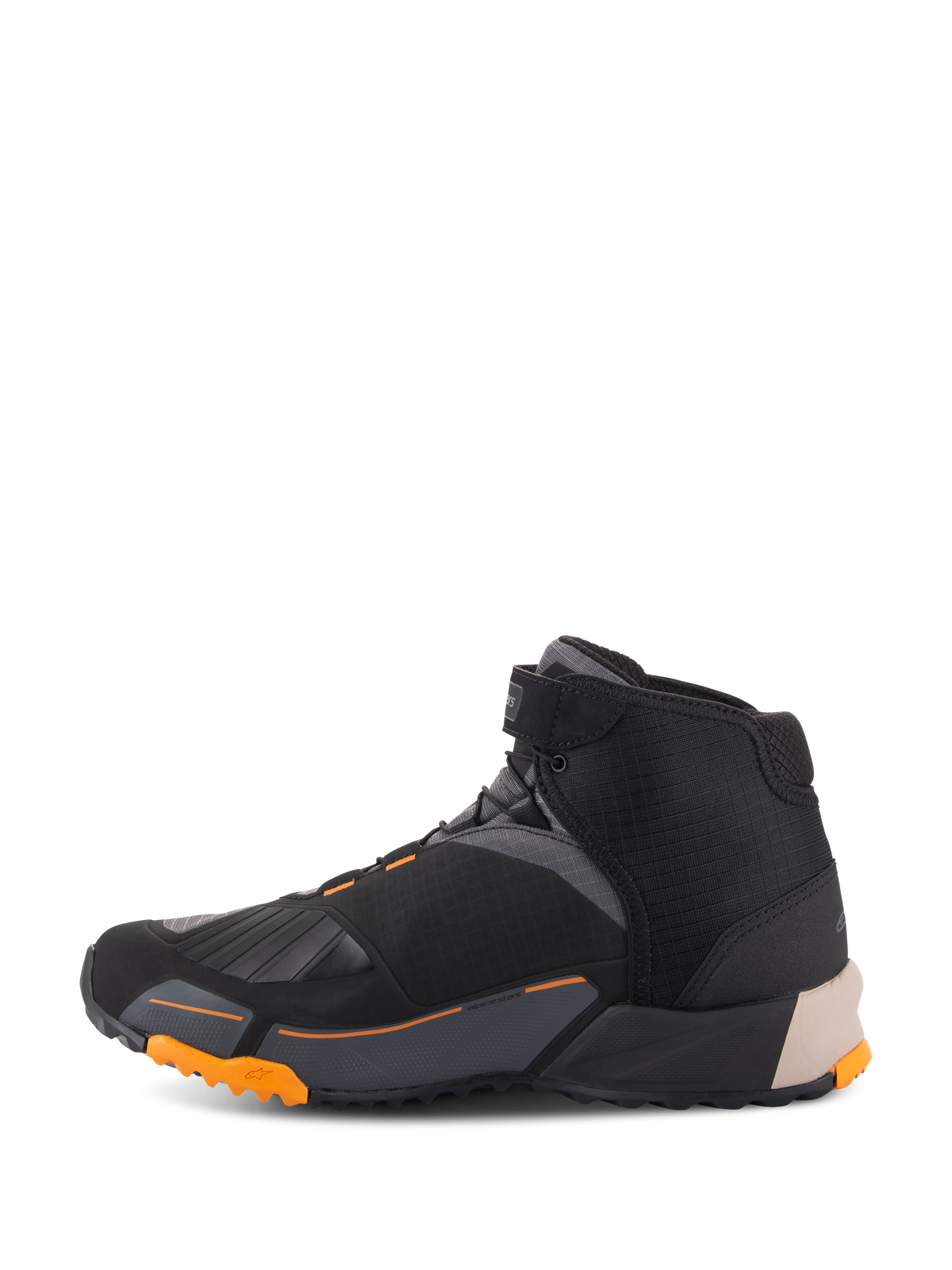 Alpinestars CR-X Drystar® køresko i sort, lysebrun og orange, sideprofil, løbesko-inspireret design med en robust orange sål, vandtæt og åndbart motorcykelfodtøj til vej- og bykørsel.
