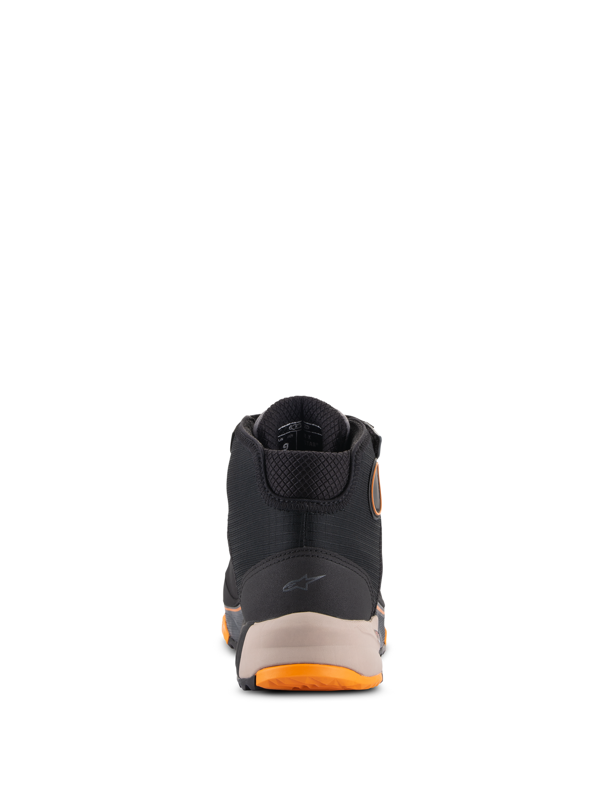 Alpinestars CR-X Drystar® køresko, motorcykel-køresko, sort, lysebrun og orange, set bagfra med forstærket hæl og et lille Alpinestars-logo, polstret krave og orange detaljer på sålen, vandtæt kørefodtøj