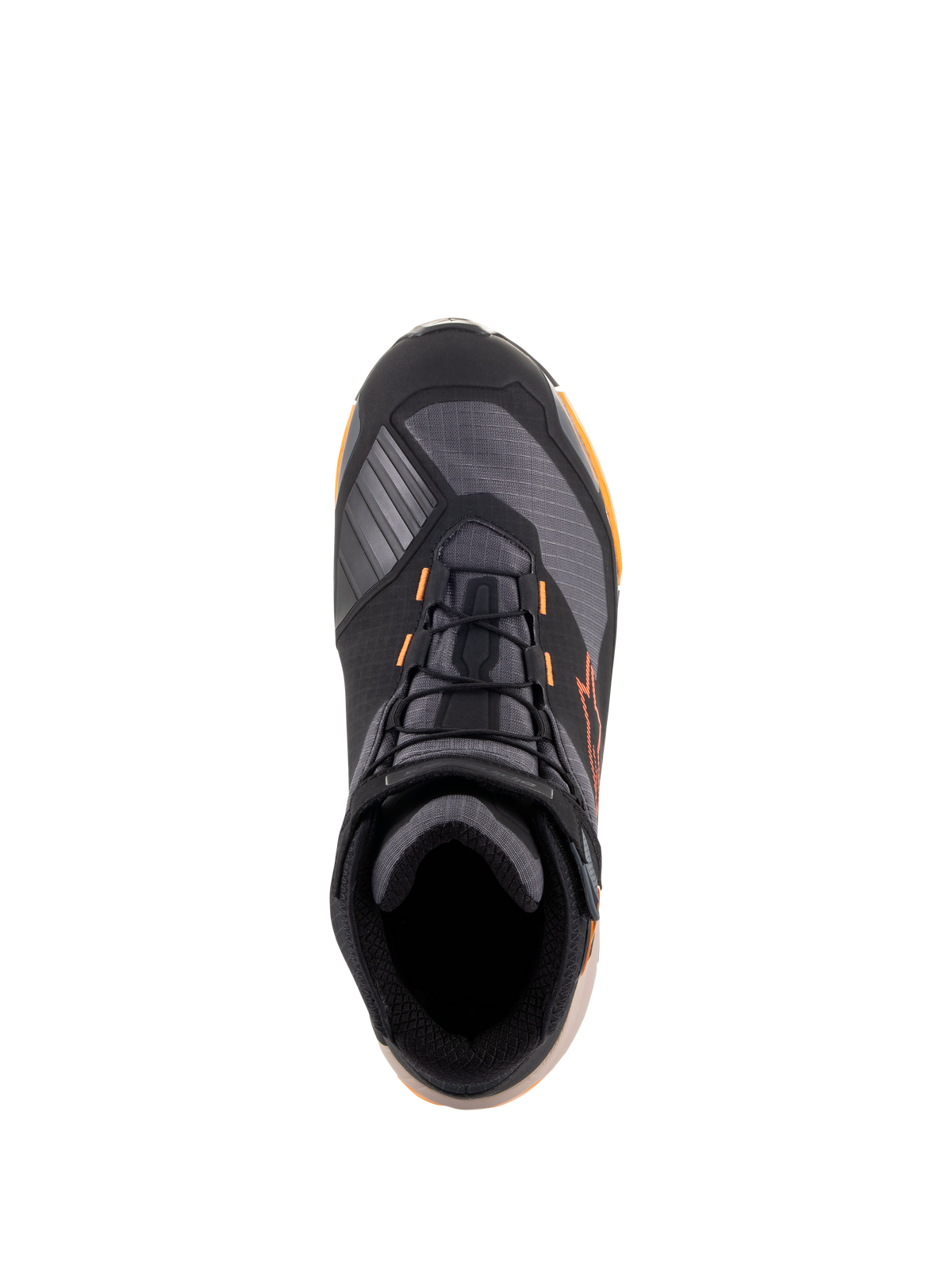 Alpinestars CR-X Drystar® køresko, set oppefra, Black Light Brown Orange farvevariant, motorcykelfodtøj i atletisk stil med sorte snørebånd, orange detaljer og en lysebrun sål, vandtæt beskyttelsesudstyr til vej- og bykørsel.