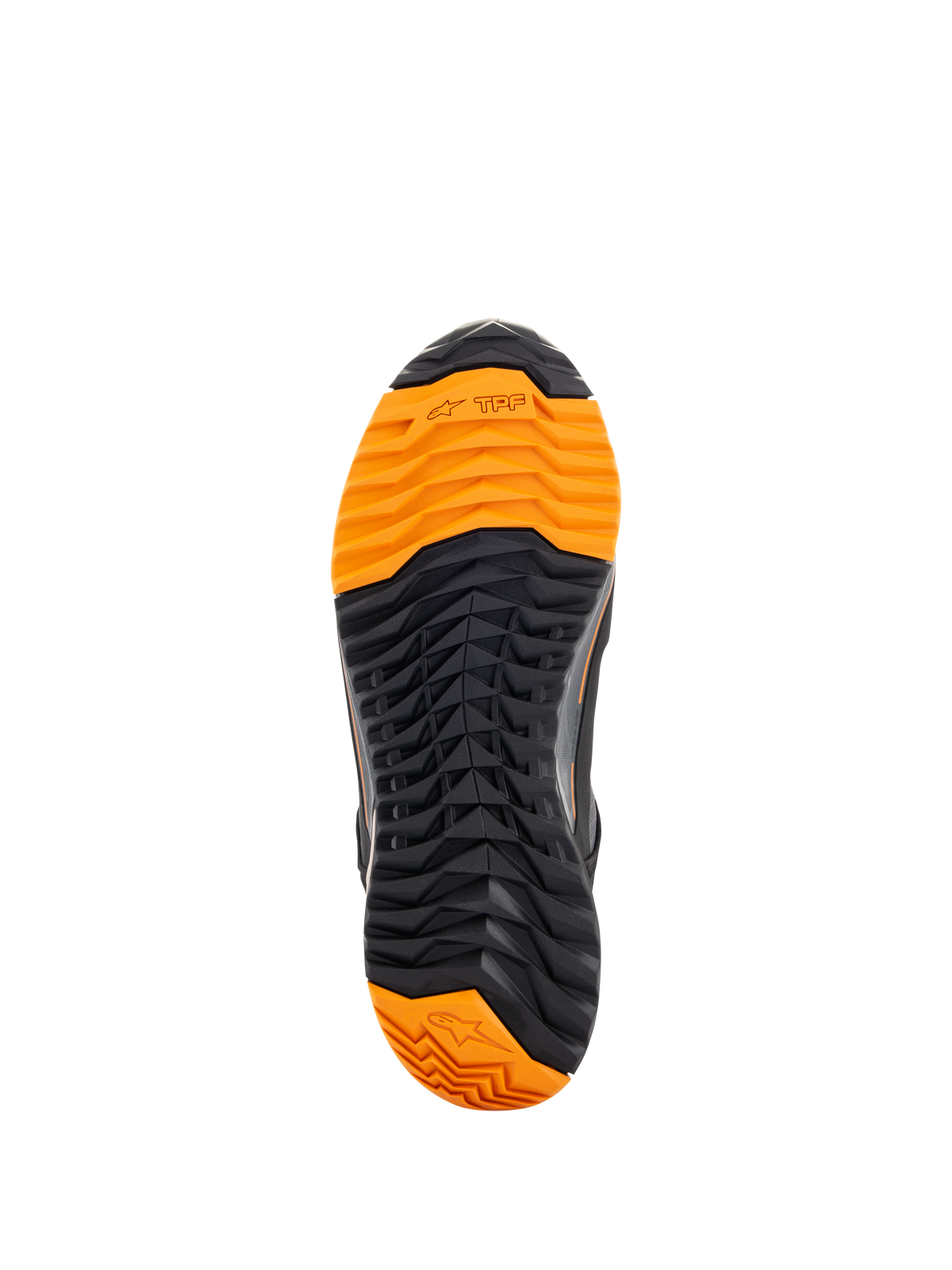 Alpinestars CR-X Drystar® køresko, undersiden af sålen, sort og klar orange slidmønster, aggressivt knopmønster for greb, med TPF- og Alpinestars-stjernelogoer, designet til motorcykelkørsel og gåkomfort