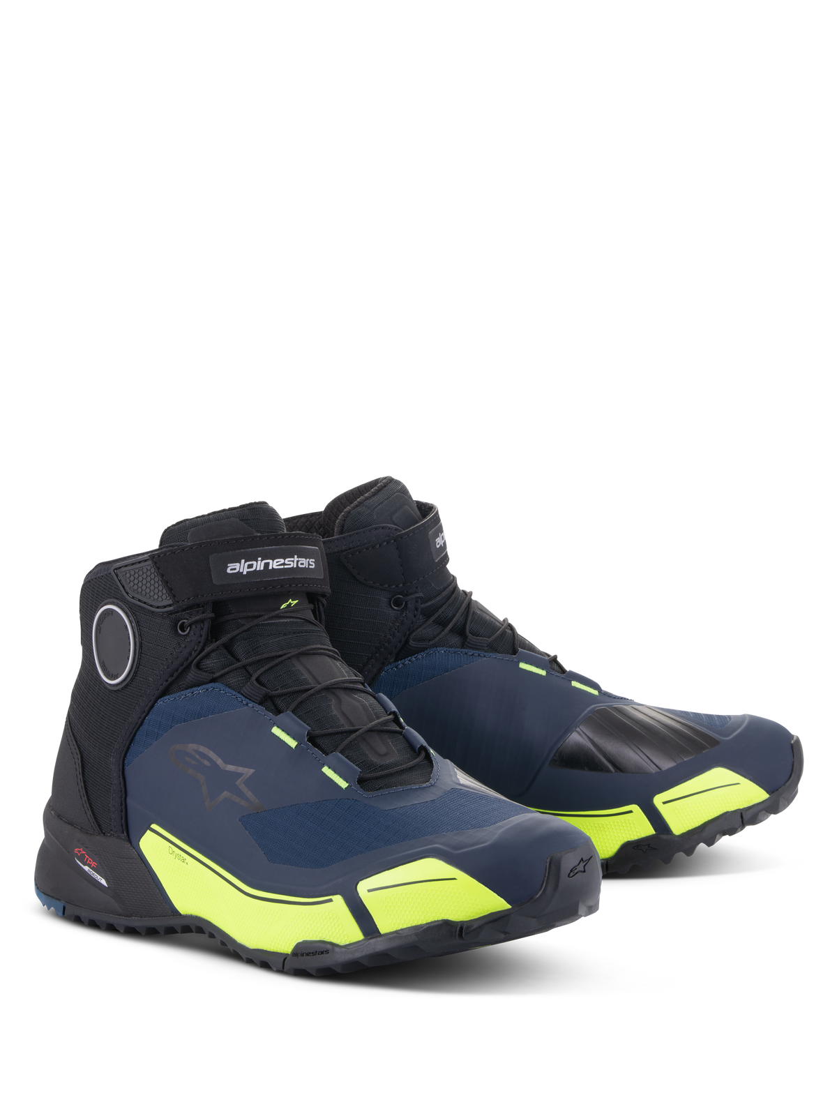Alpinestars CR-X Drystar® køresko, sort, mørkeblå og neon gul, vandtætte motorcykelsko med en løbesko-silhuet, mid-cut design med atletisk styling og klare fluorescerende gule detaljer
