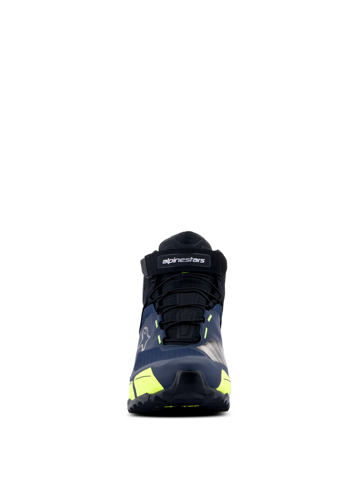 Alpinestars CR-X Drystar® køresko, motorcykel-køresko, sort, mørkeblå og gul fluo, set forfra, med en velcrorem med Alpinestars-branding, sorte snørebånd og markante gule detaljer, atletisk-inspireret design til komfort hele dagen