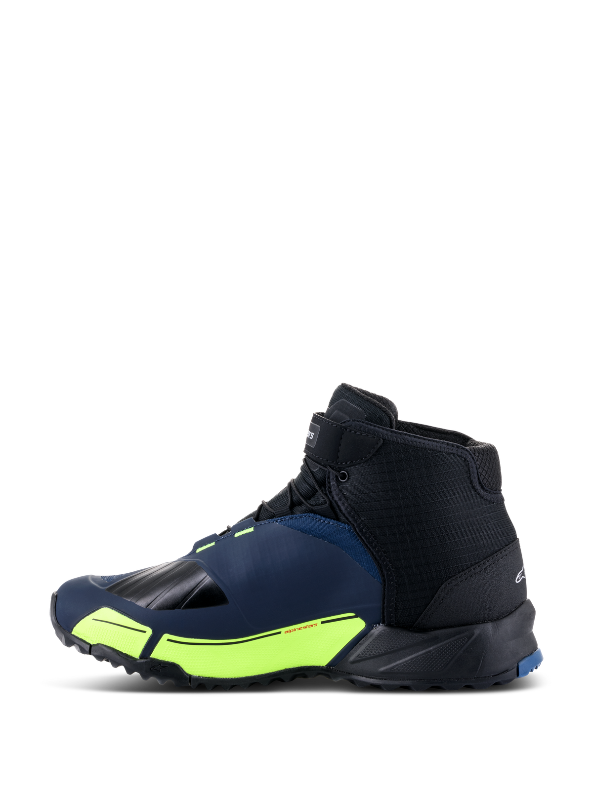 Alpinestars CR-X Drystar® køresko, motorcykel-køresko, sort, mørkeblå og neongul, sideprofil med løbesko-silhuet, vandtæt Drystar-membran, neongule detaljer på mellemsålen, forstærket tå og hæl for beskyttelse.