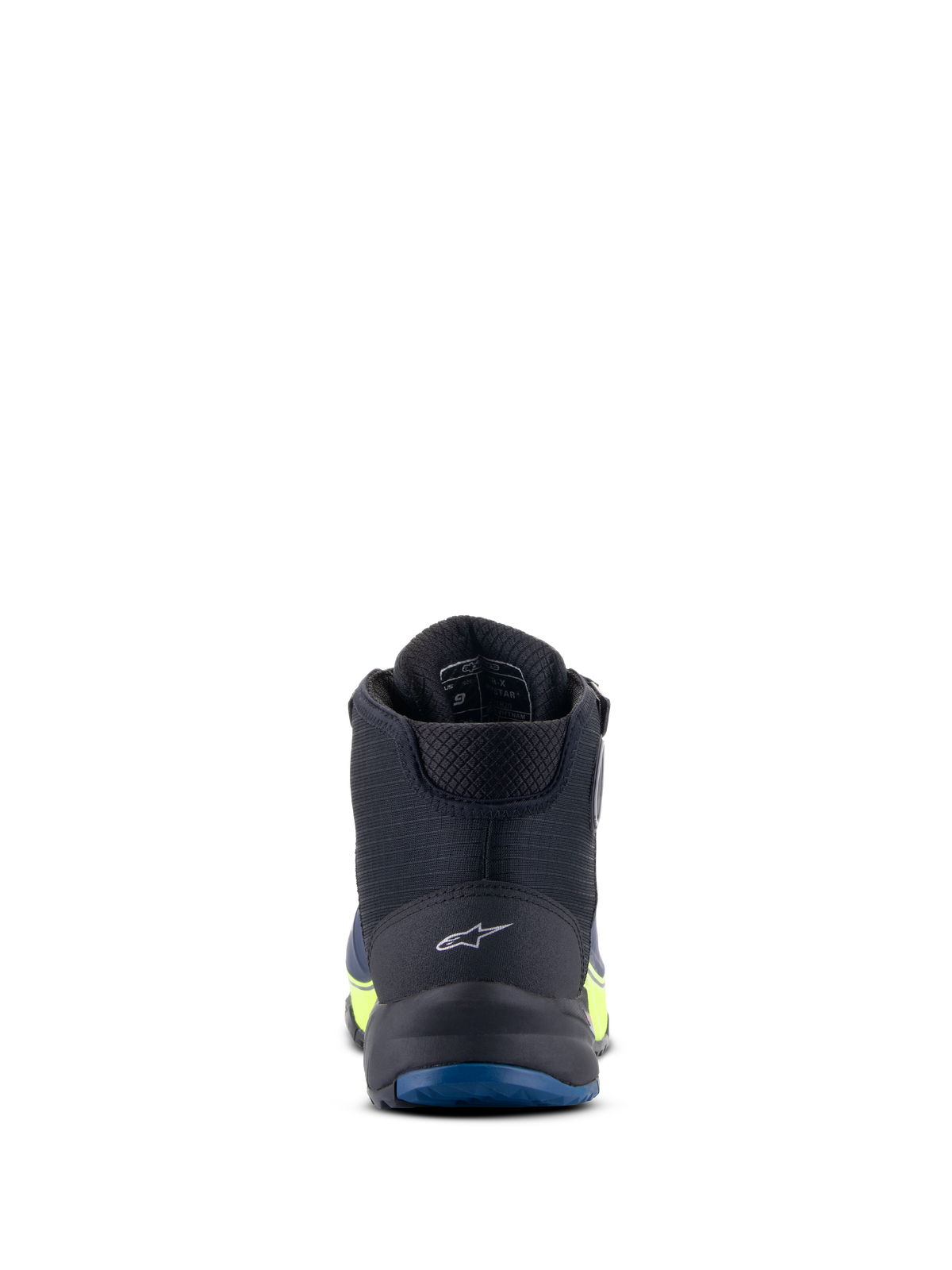 Alpinestars CR-X Drystar® køresko, motorcykelsko, sort, mørkeblå og fluoriserende gul, set bagfra med fokus på hæl-logo og blå ydersål, vandtæt ydeevne med fluoriserende gule detaljer