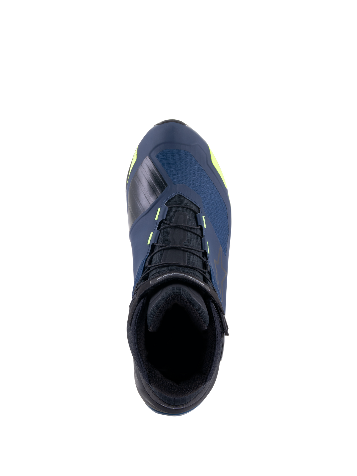 Alpinestars CR-X Drystar® køresko, set oppefra, sort, mørkeblå og gul fluo, vandtætte motorcykelsko med en løbesko-silhuet, sorte snørebånd og markante gule accenter på en mørkeblå overdel