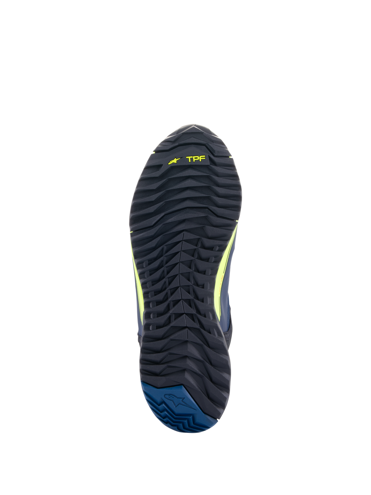 Alpinestars CR-X Drystar® køresko, ydersål, sort med gul fluo TPF-branding og mørkeblå hæl, robust mønstret profil for optimalt greb og gåkomfort hele dagen