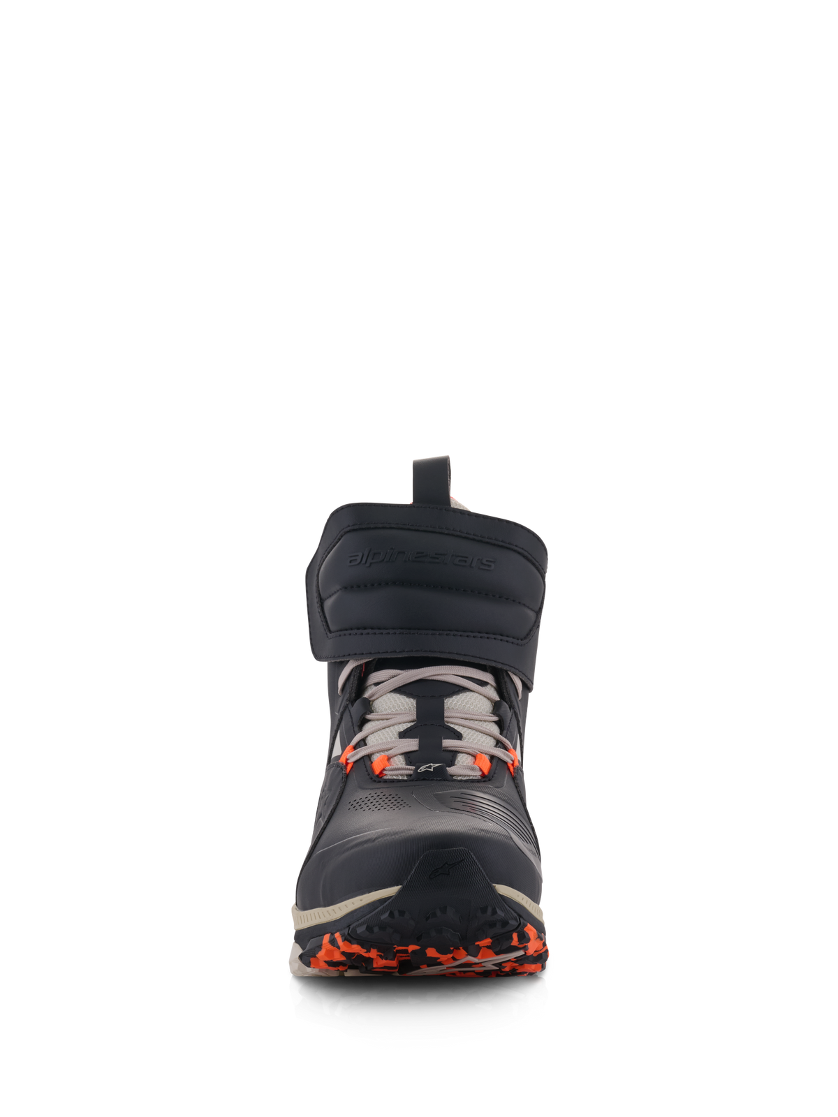 Alpinestars Speedstreet Shoes, Urban Motorcycle Riding Shoes, Black Almond and Hot Orange, front view featuring a large hook-and-loop ankle strap, lace-up closure, and orange accents on the sole