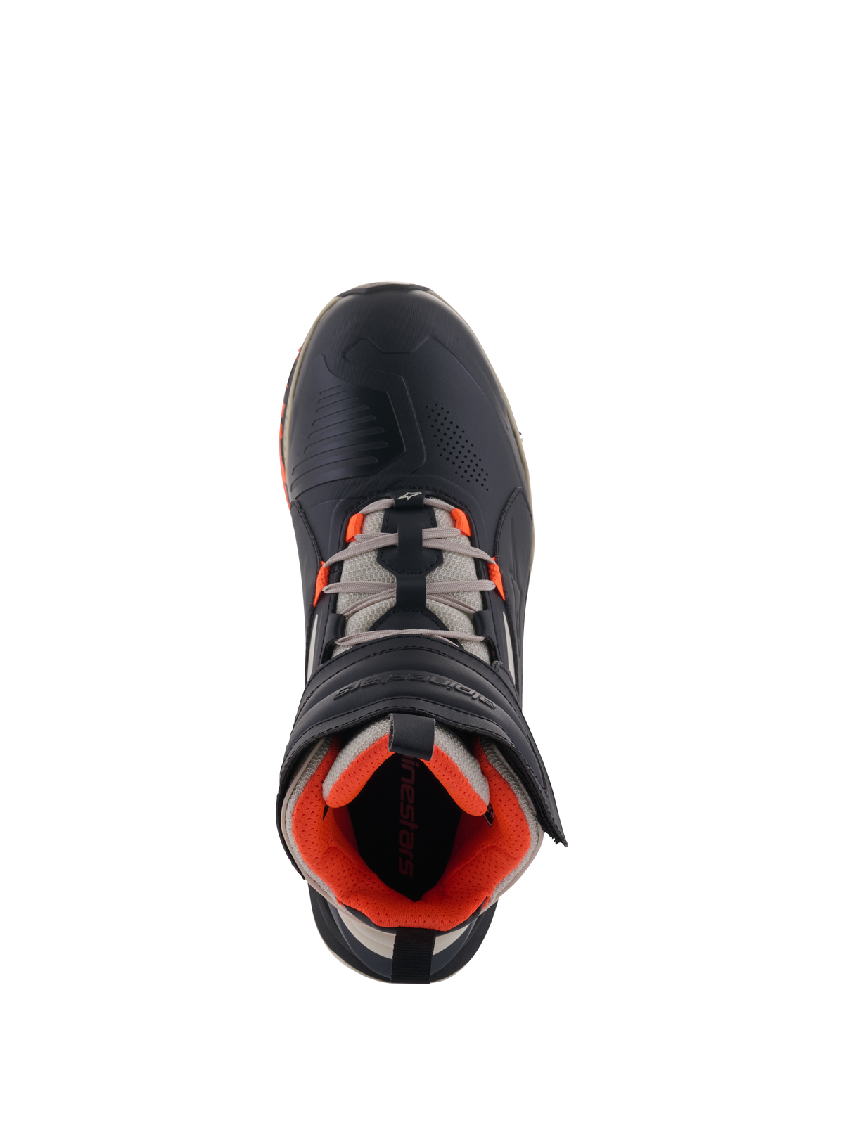 Alpinestars Speedstreet Shoes, Motorcycle Riding Shoes, Black Almond Hot Orange, top-down view showing black microfiber upper with orange accents, almond grey laces, and ergonomic hook-and-loop strap, urban motorsport-inspired design