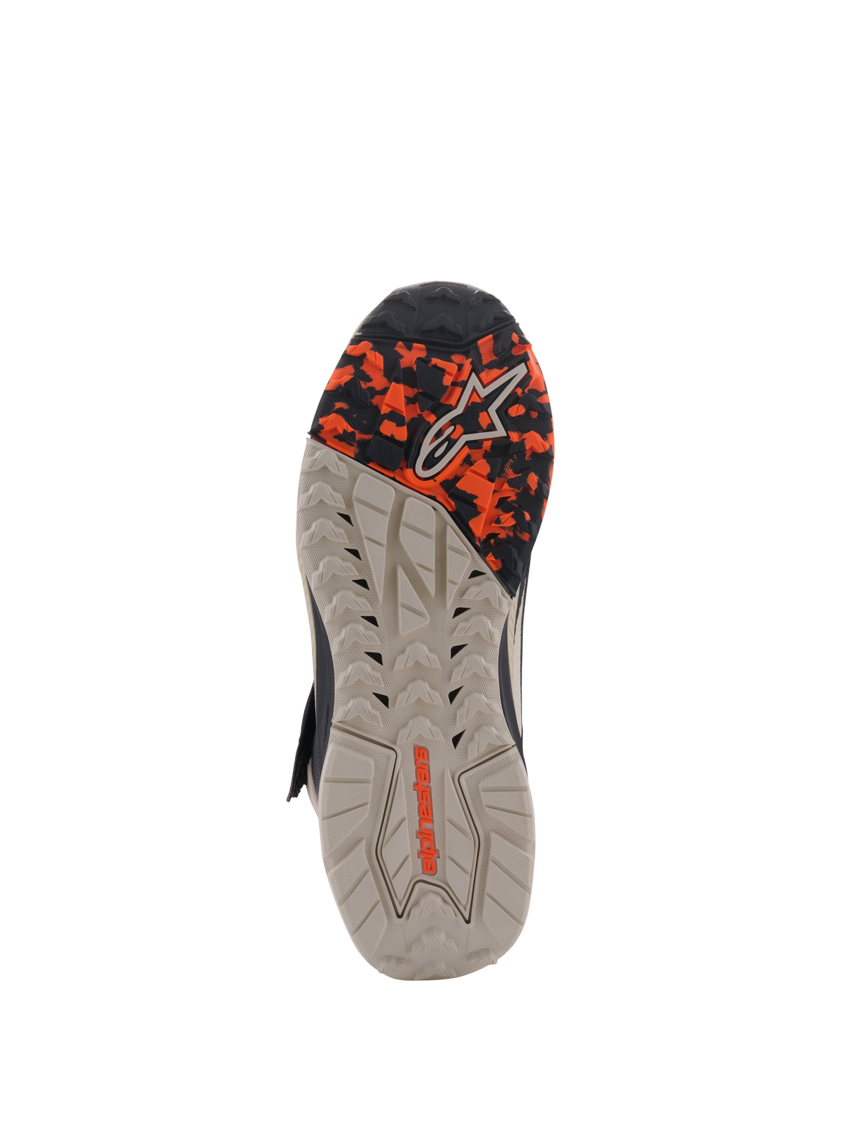 Alpinestars Speedstreet Shoes, Outsole View, Black Almond Hot Orange, featuring a multi-textured oil-resistant rubber sole with a camo-patterned forefoot and embossed Alpinestars branding, designed for grip and stability.