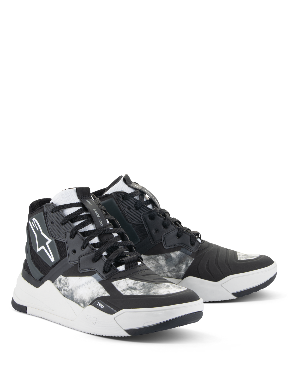 Alpinestars Speedflight Shoes, Motorcycle Riding Shoes, Black Gray and White, featuring a marbled pattern, high-top sneaker design with reinforced panels, white Alpinestars logo, and durable rubber sole