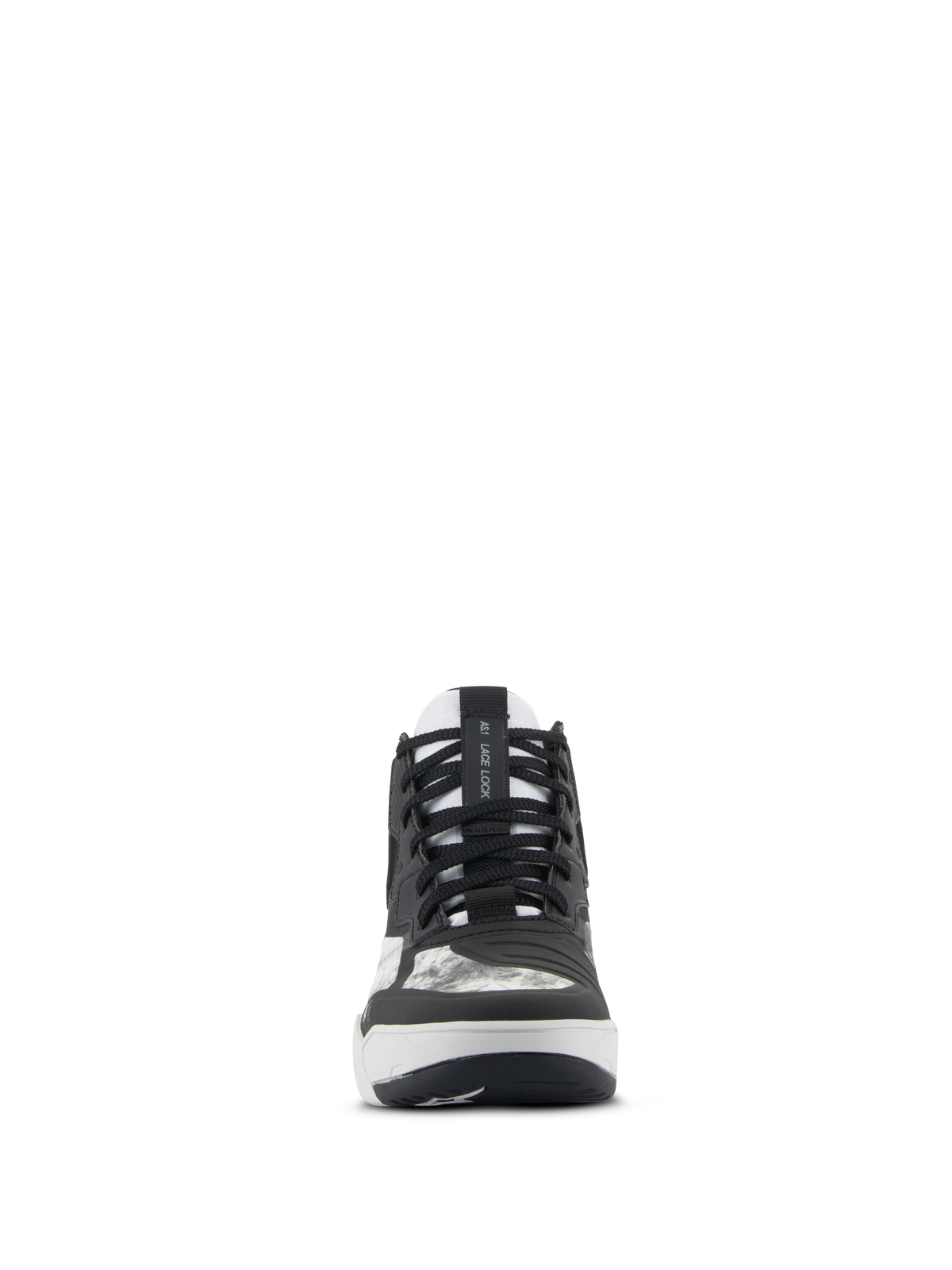 Alpinestars Speedflight Shoes, Motorcycle Riding Shoes, Black Gray and White, front view featuring black laces, AS1 Lace Lock strap on the tongue, and integrated shift pad, street-styled performance footwear.