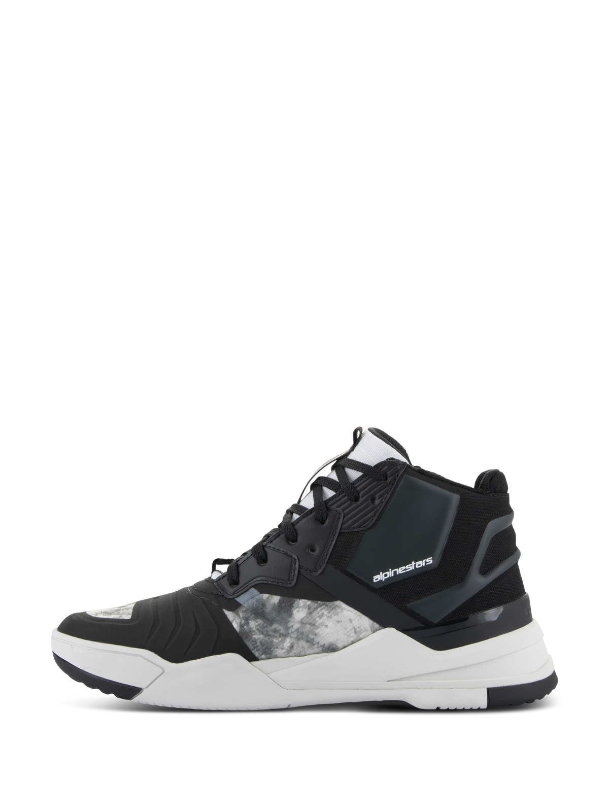 Alpinestars Speedflight Shoes, Motorcycle Riding Shoes, Black Gray and White, side profile view featuring ripstop textile upper with gray patterned panels, black reinforced heel, and thick white midsole with brand logo, urban sport-styled design