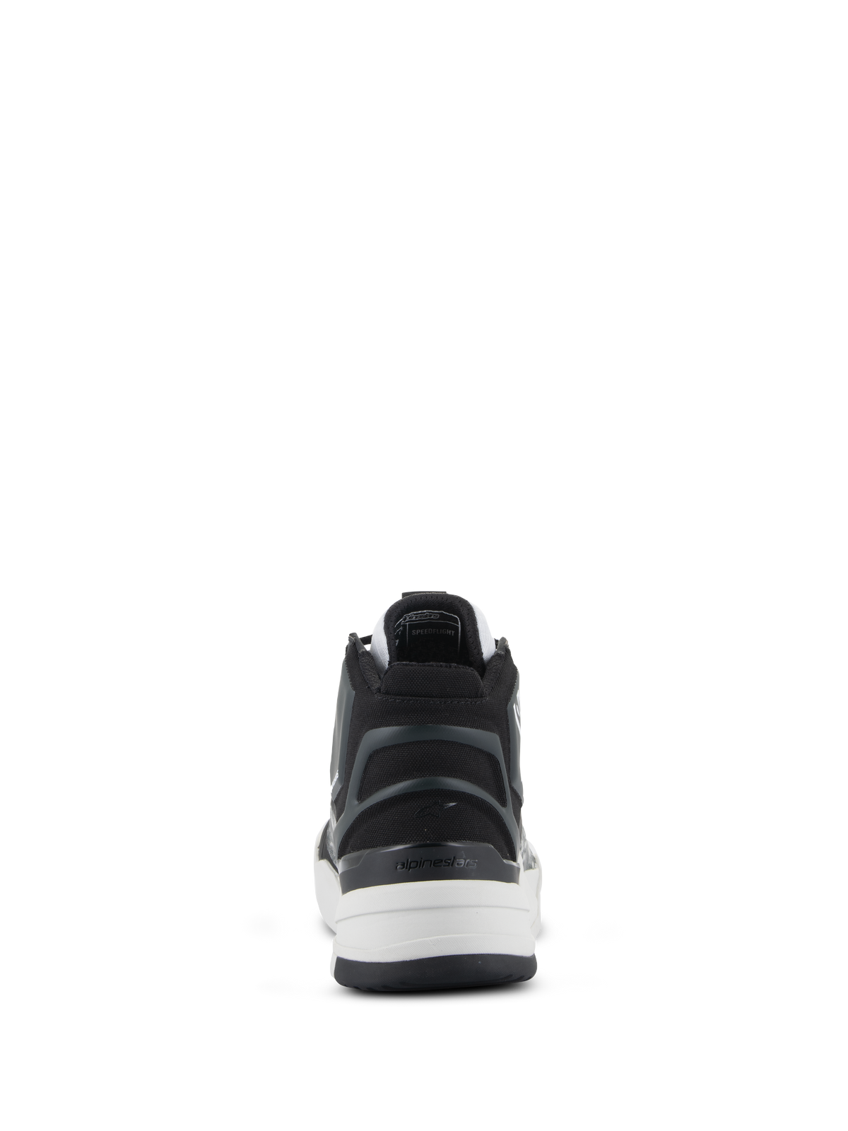 Alpinestars Speedflight Shoes, Performance Riding Shoes, Black Gray and White, rear view highlighting the asymmetric TPU heel counter with logo, white midsole, and urban sport-styled design