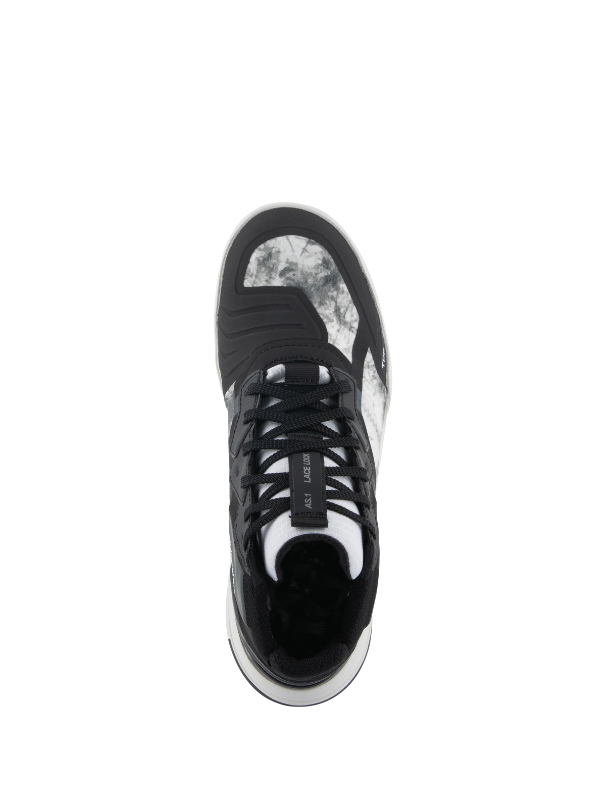 Alpinestars Speedflight Shoes, Black Gray White, Top-down view showing marbled ripstop upper, lace lock system on the tongue, and integrated shift pad, street-styled motorcycle riding shoe