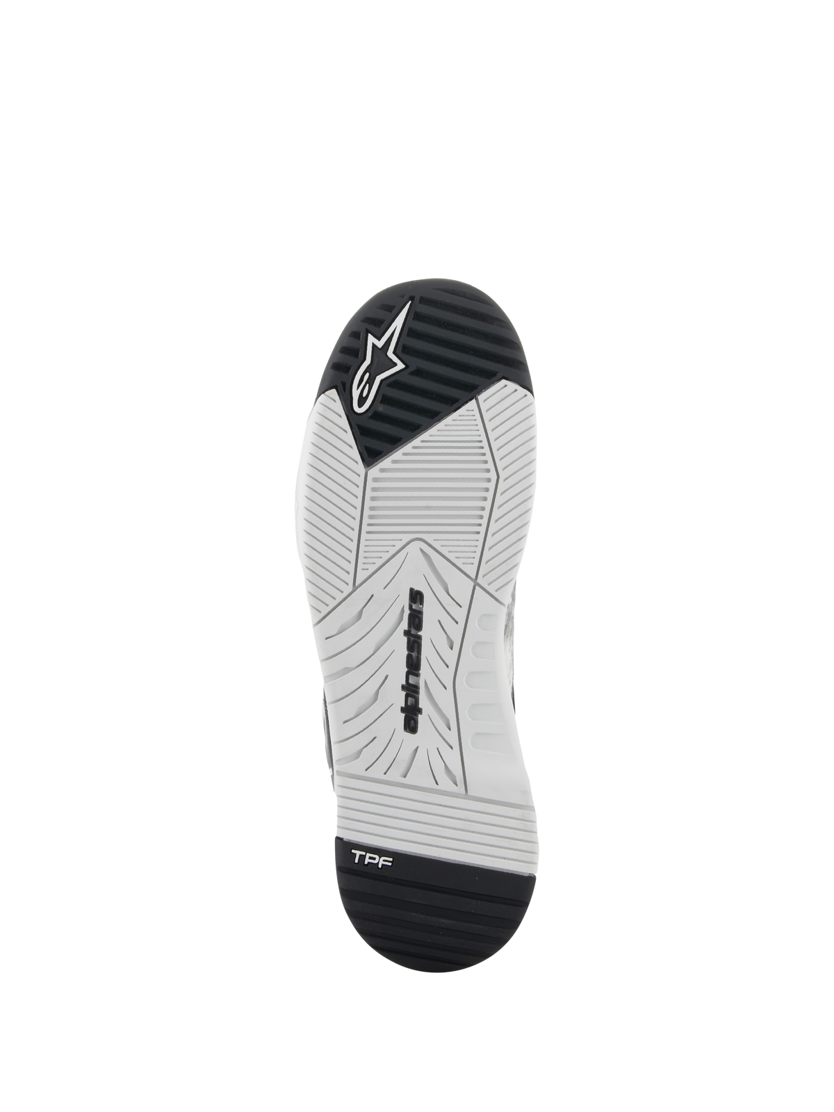 Alpinestars Speedflight Shoes, Motorcycle Riding Shoes, Black and White, bottom view of the sole featuring dual-density rubber, Alpinestars branding, and TPF Transversal Protection Frame logo, engineered tread pattern for grip