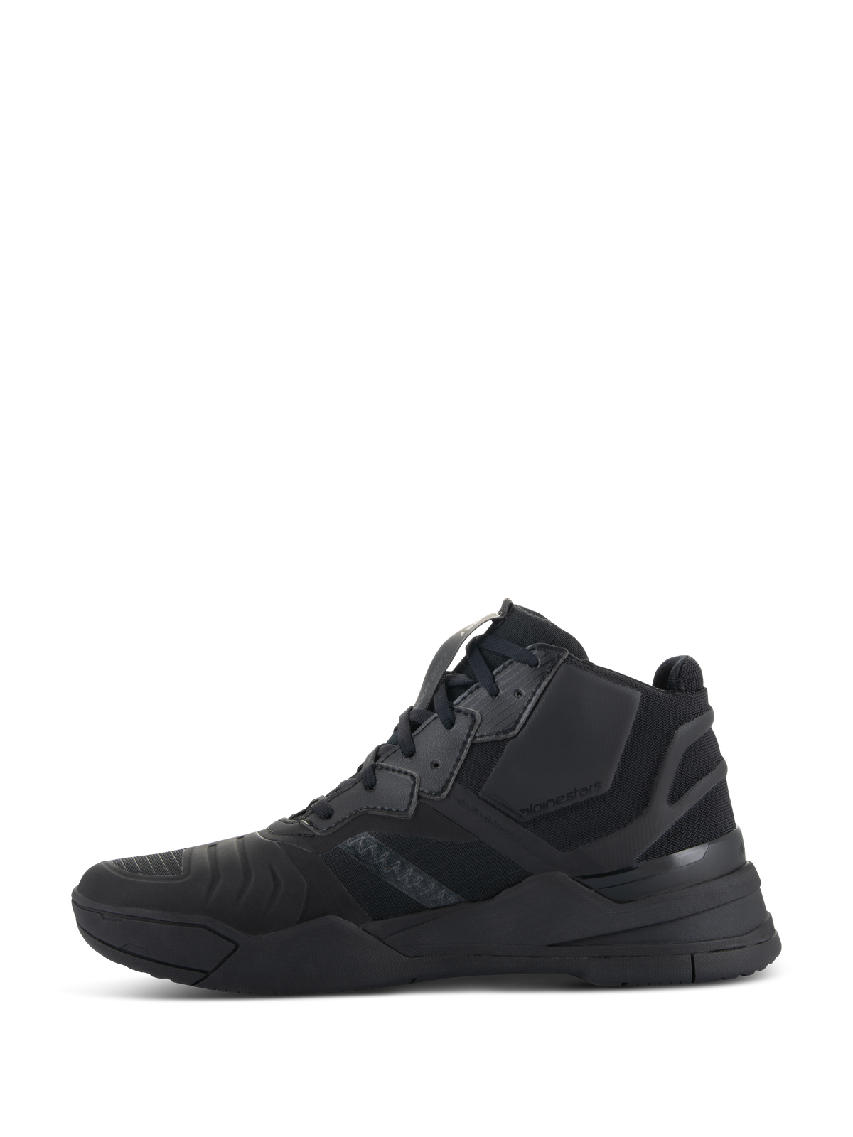 Alpinestars Speedflight sko, sort, sideprofil af performance motorcykel-køresko, mid-top sneaker-inspireret design med ripstop-overdel og sømløse forstærkningspaneler, holdbar helt sort atletisk silhuet