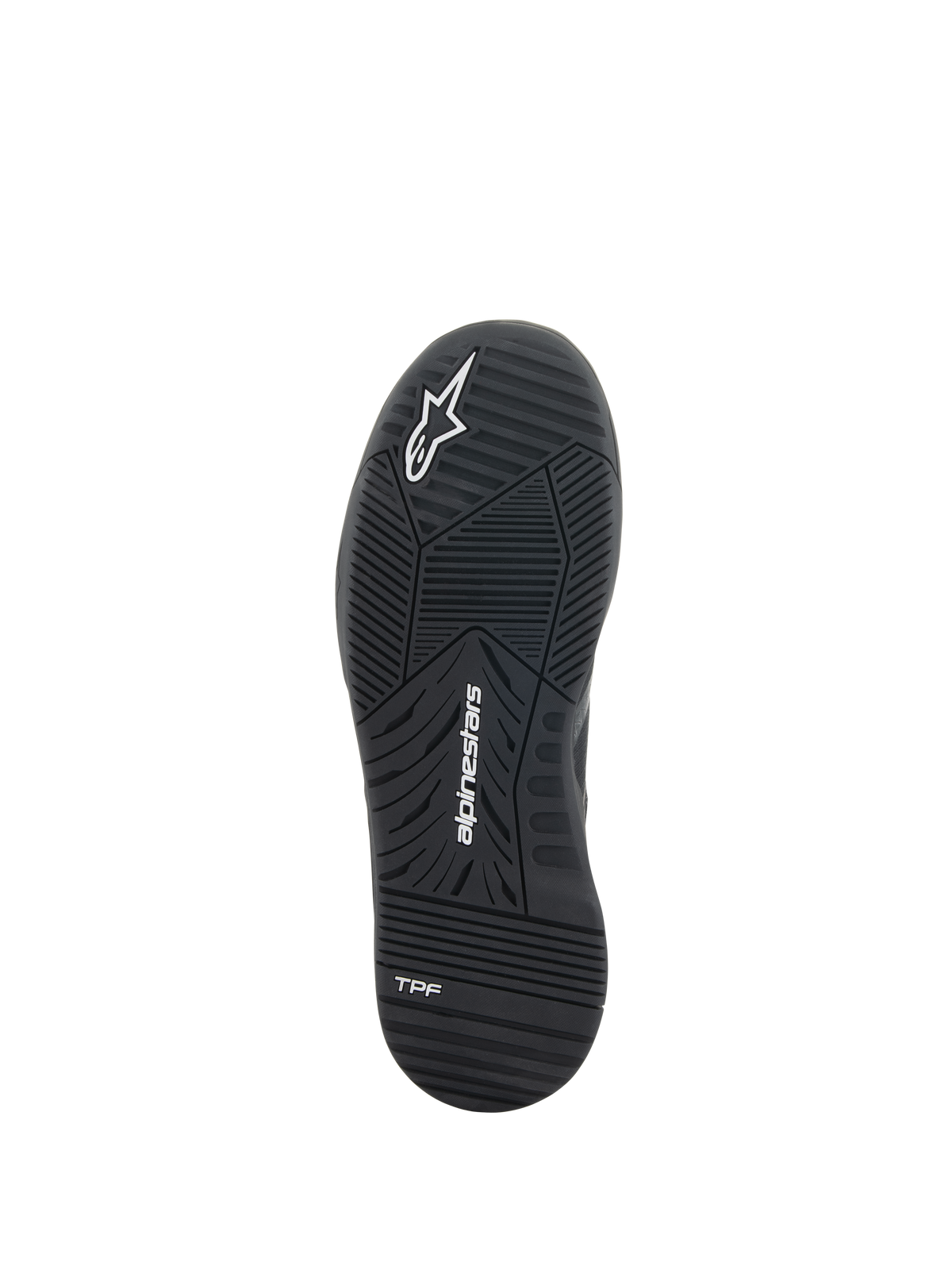 Alpinestars Speedflight sko, motorcykel-køresko, sort, underside af gummisålen med dobbelt densitet, med Alpinestars-logo og TPF-branding, konstrueret slidbanemønster til urban performance