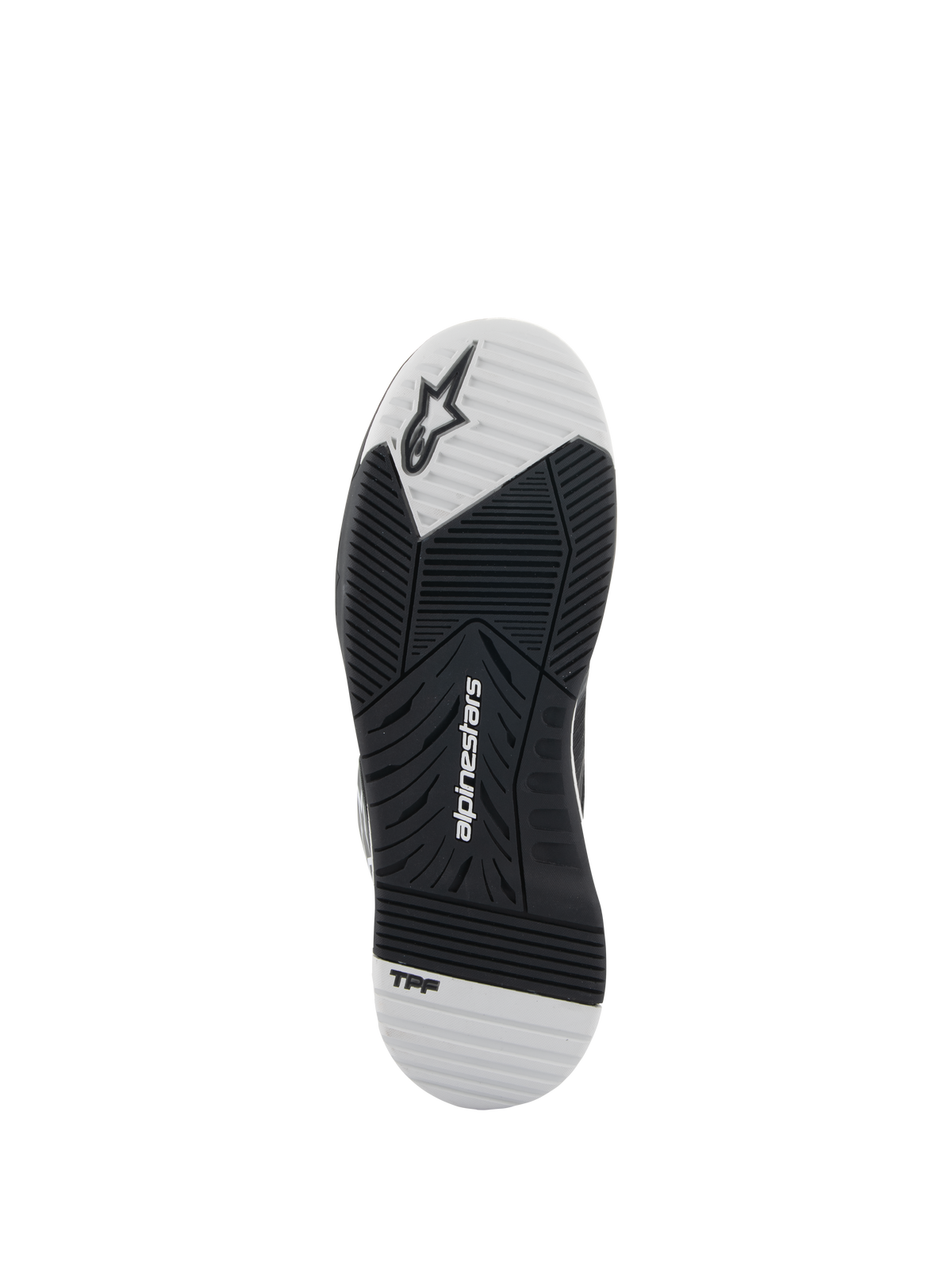 Alpinestars Speedflight sko, sort og hvid, ydersålsvisning der viser gummisålen med dobbelt densitet, har Alpinestars-logo og TPF-branding, asymmetrisk slidbanemønster for greb og stabilitet ved motorcykelkørsel