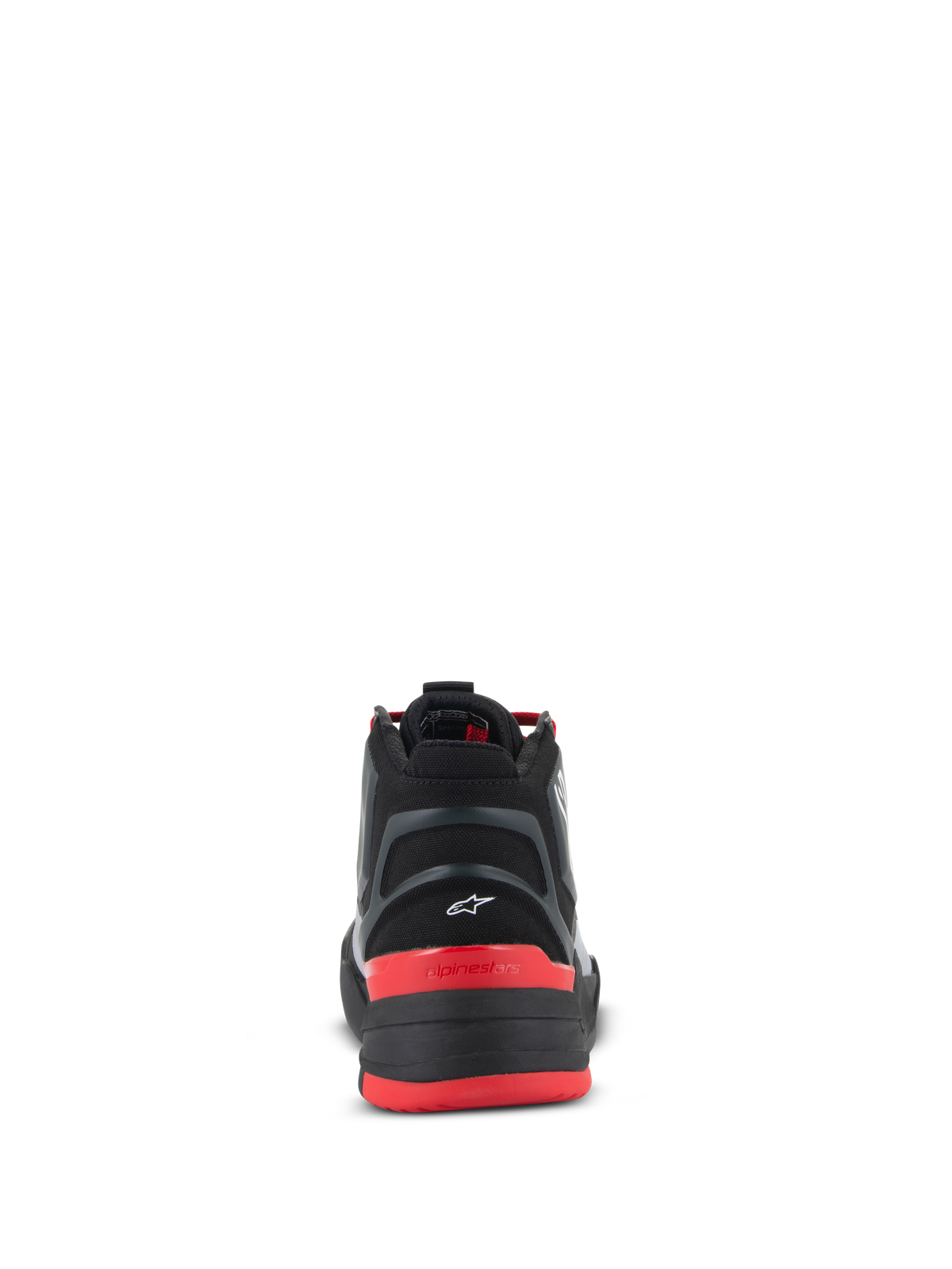 Alpinestars Speedflight Shoes, Performance Riding Shoes, Black Bright Red and White, rear view showing molded heel piece with small white Astar logo, red heel counter with alpinestars text, and performance ripstop upper.