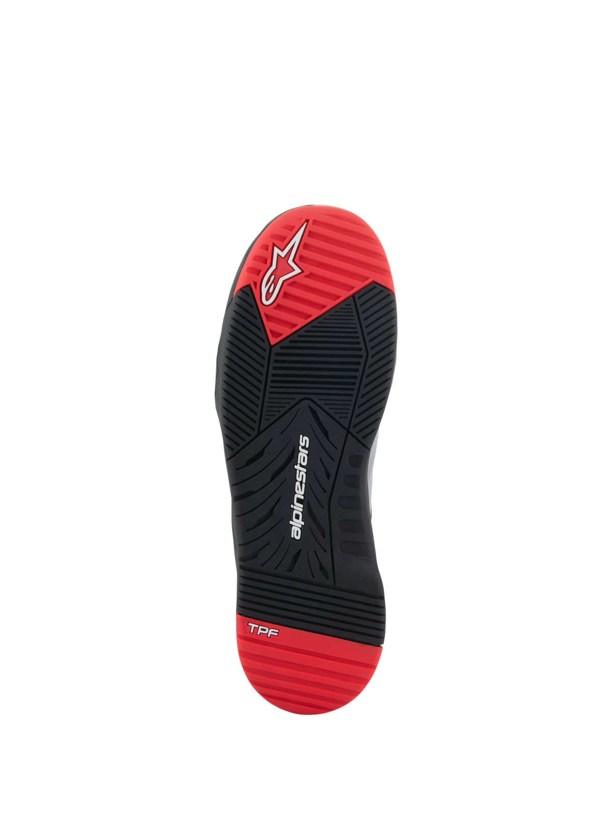 Alpinestars Speedflight Shoes, Motorcycle Riding Shoes, Bottom Sole View, Black and Bright Red, featuring white Alpinestars logo and TPF branding, dual-density rubber outsole with multi-directional grip pattern.