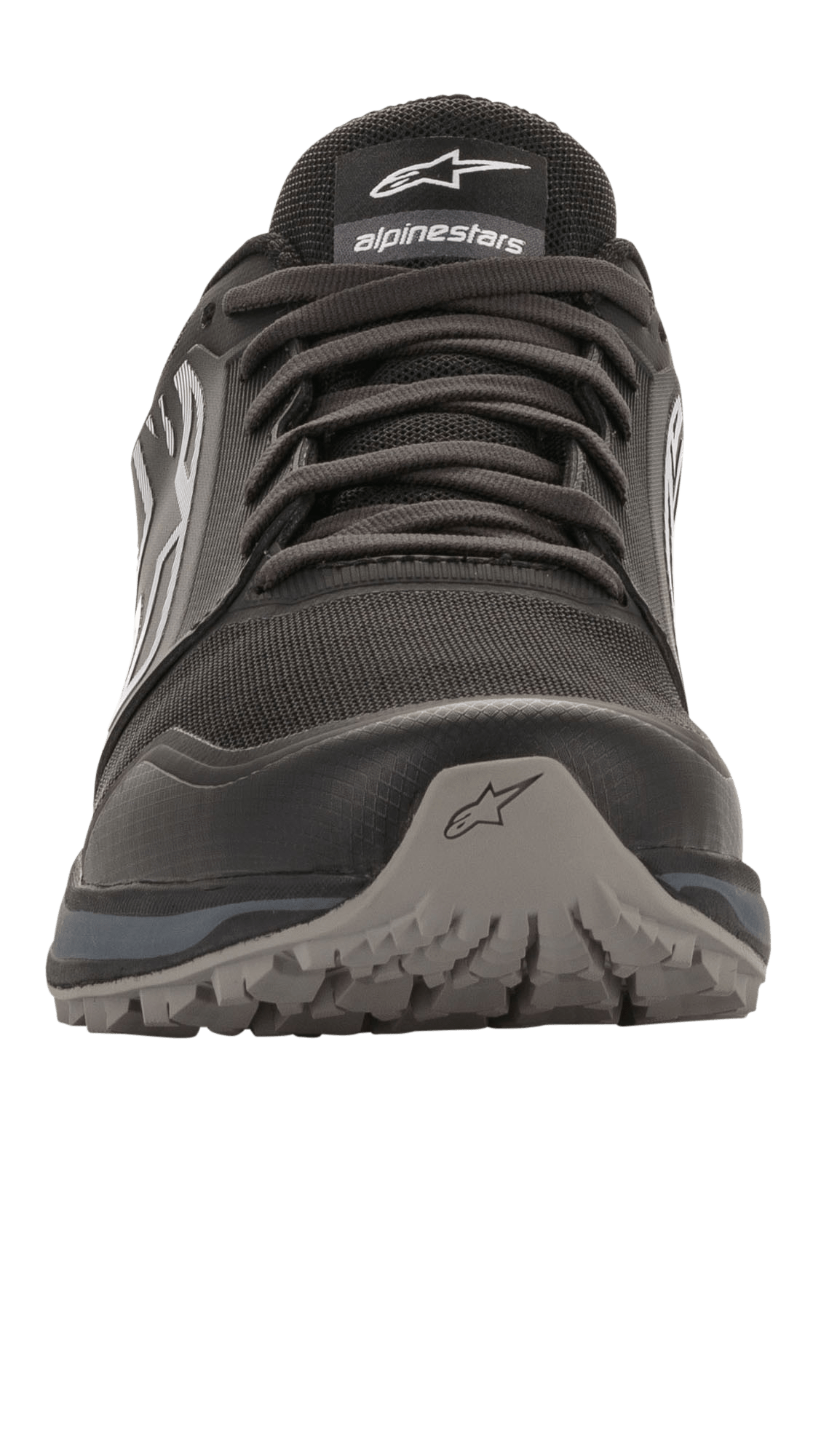 Alpinestars Meta Trail Shoes, Performance Running Shoe, Black and Dark Gray, front-facing view, durable toe cap with star logo, mesh construction with laces, rugged oil-resistant rubber outsole