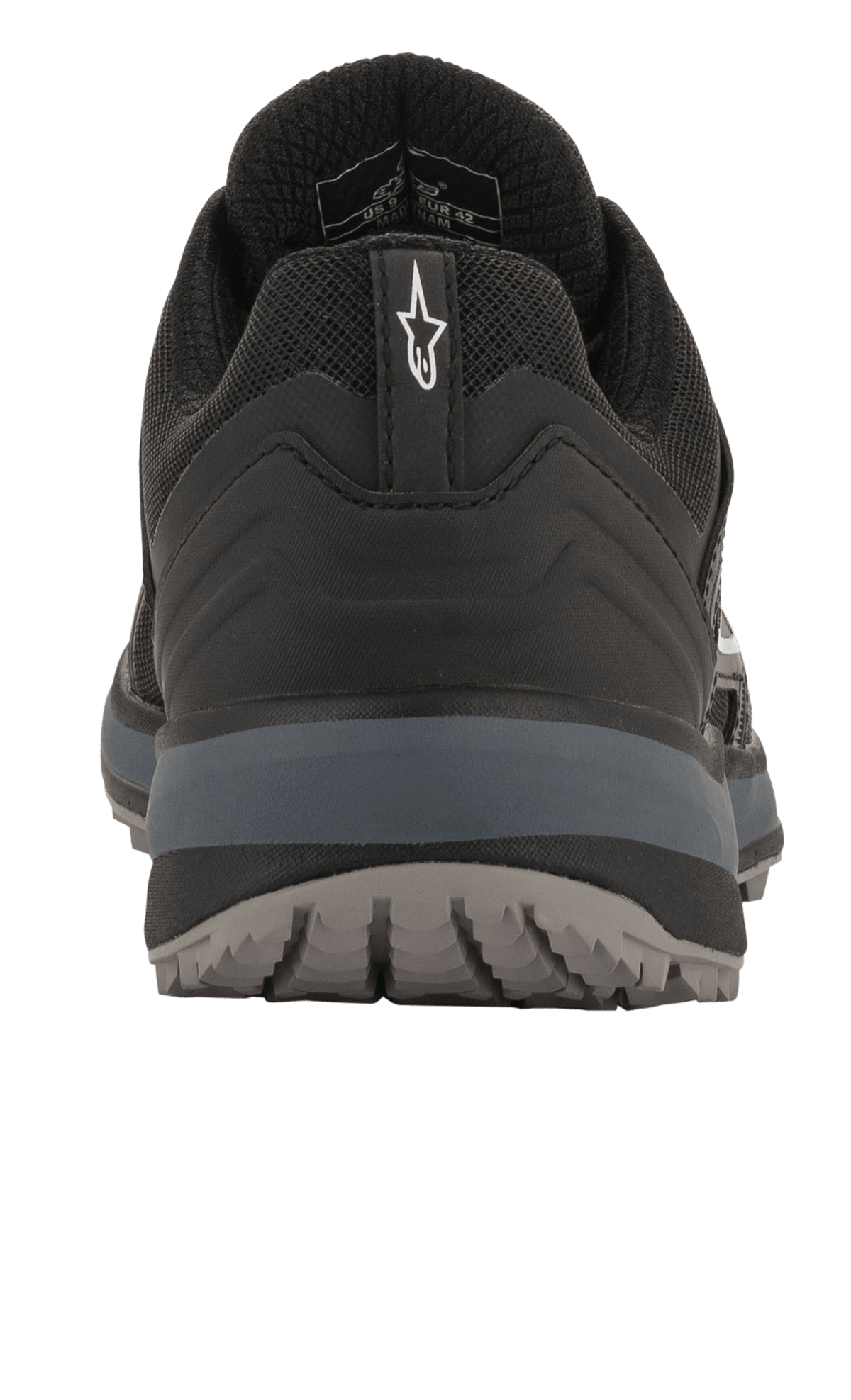 Alpinestars Meta Trail Shoes, Performance Running Shoes, Black and Dark Gray, rear view showing heel pull tab with white Astar logo, dark gray midsole, and textured outsole, casual motorsport-inspired footwear for the paddock