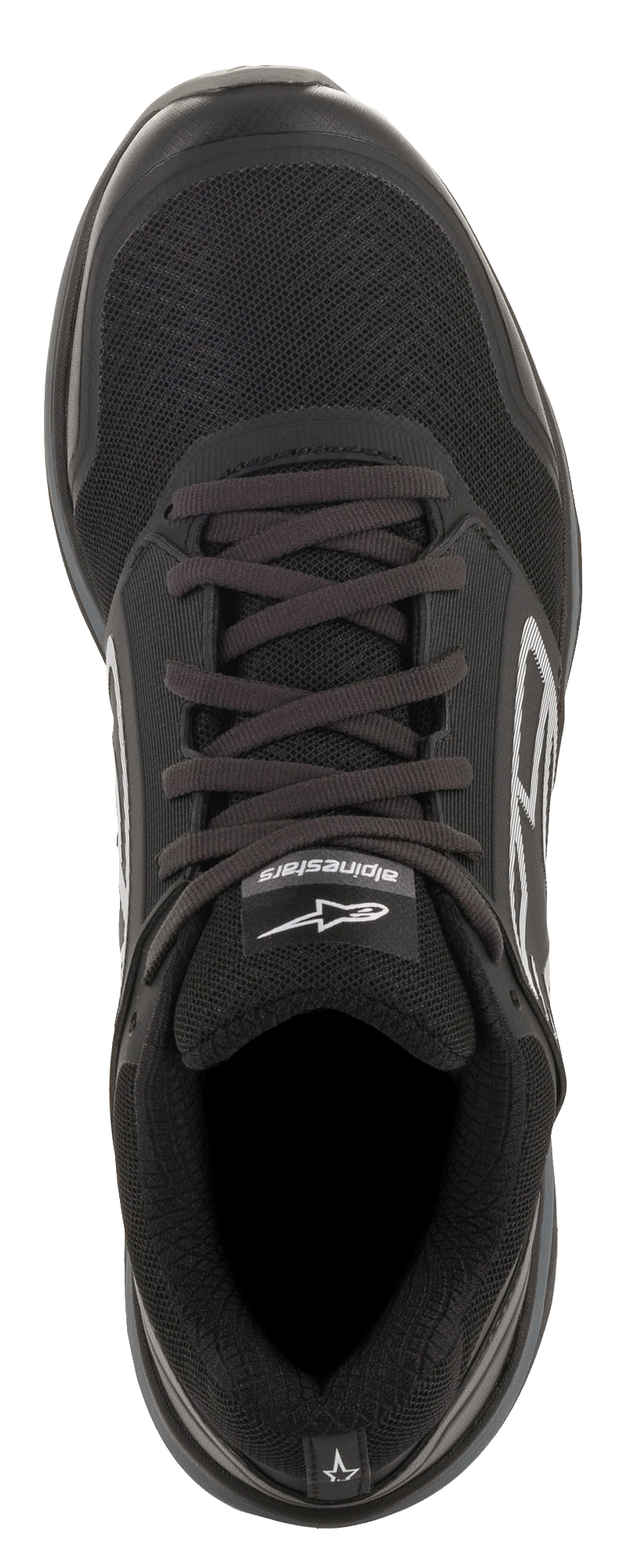 Alpinestars Meta Trail Shoes, Black and Dark Gray, top-down view, black mesh upper with laces, white Alpinestars logo on the tongue, performance paddock and running-inspired footwear