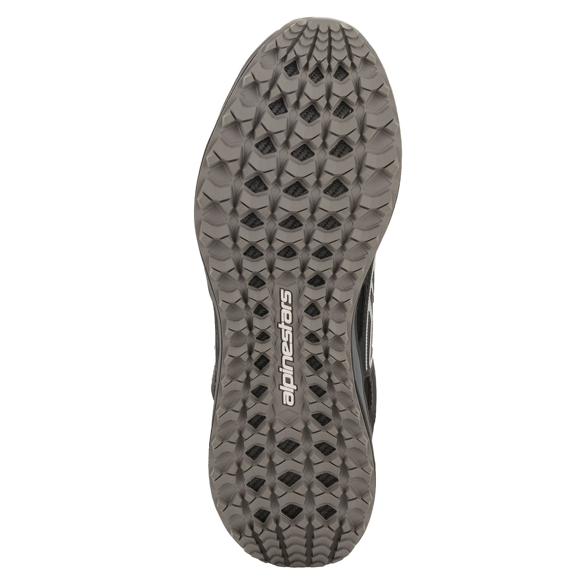 Alpinestars Meta Trail Shoes, Black Dark Gray, outsole view showing oil-resistant rubber sole with a textured lug pattern for traction, central Alpinestars branding, performance footwear for paddock environments