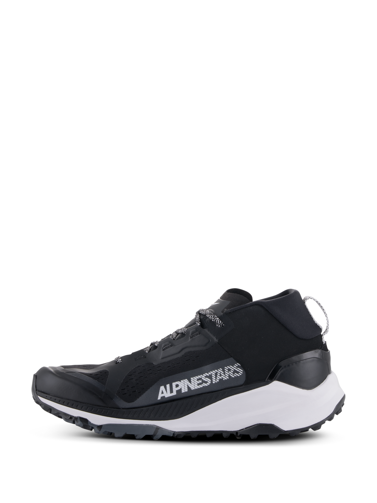 Alpinestars Meta XR V2 sko, sportswear-sko, sort, hvid og mørkegrå, sideprofil med mesh-overdel, hvid mellemsål og robust ydersål, tydelig hvid Alpinestars-branding på sidepanelet