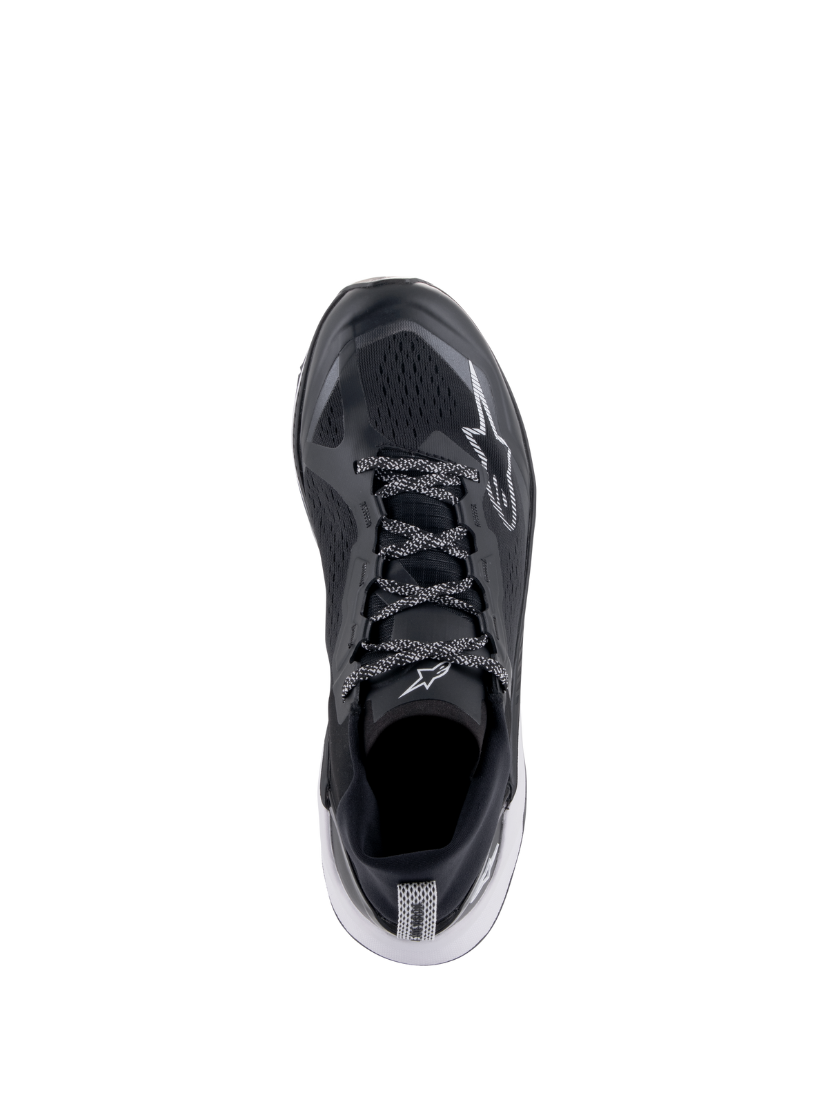 Alpinestars Meta XR V2 sko, sportswear-sko, sort, hvid og mørkegrå, set oppefra med åndbar mesh-overdel og mønstrede snørebånd, hvidt stjernelogo, casual atletisk fodtøj