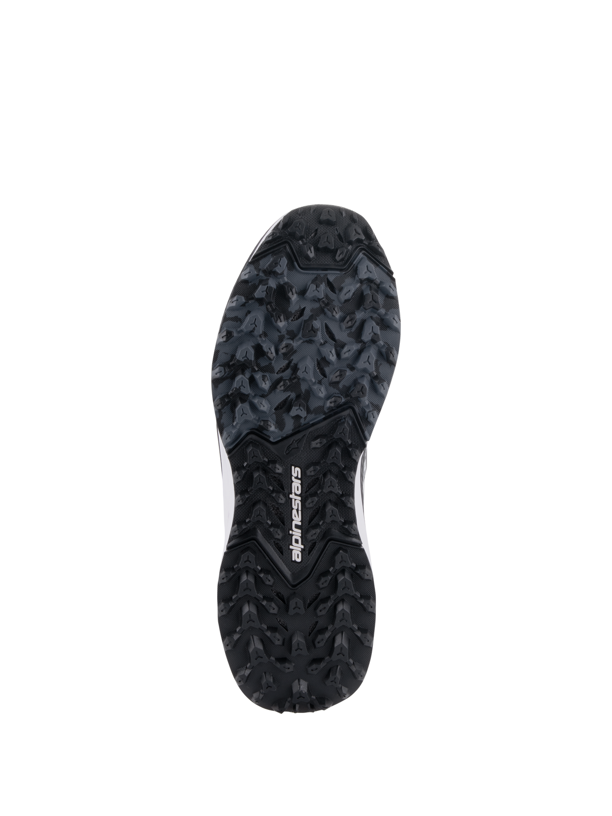 Alpinestars Meta XR V2 sko, robust gummisål, sort og mørkegrå ydersål med groft mønster for optimal trækkraft, hvidt Alpinestars-logo i midten, designet til overlegent greb på off-road og beskidte underlag
