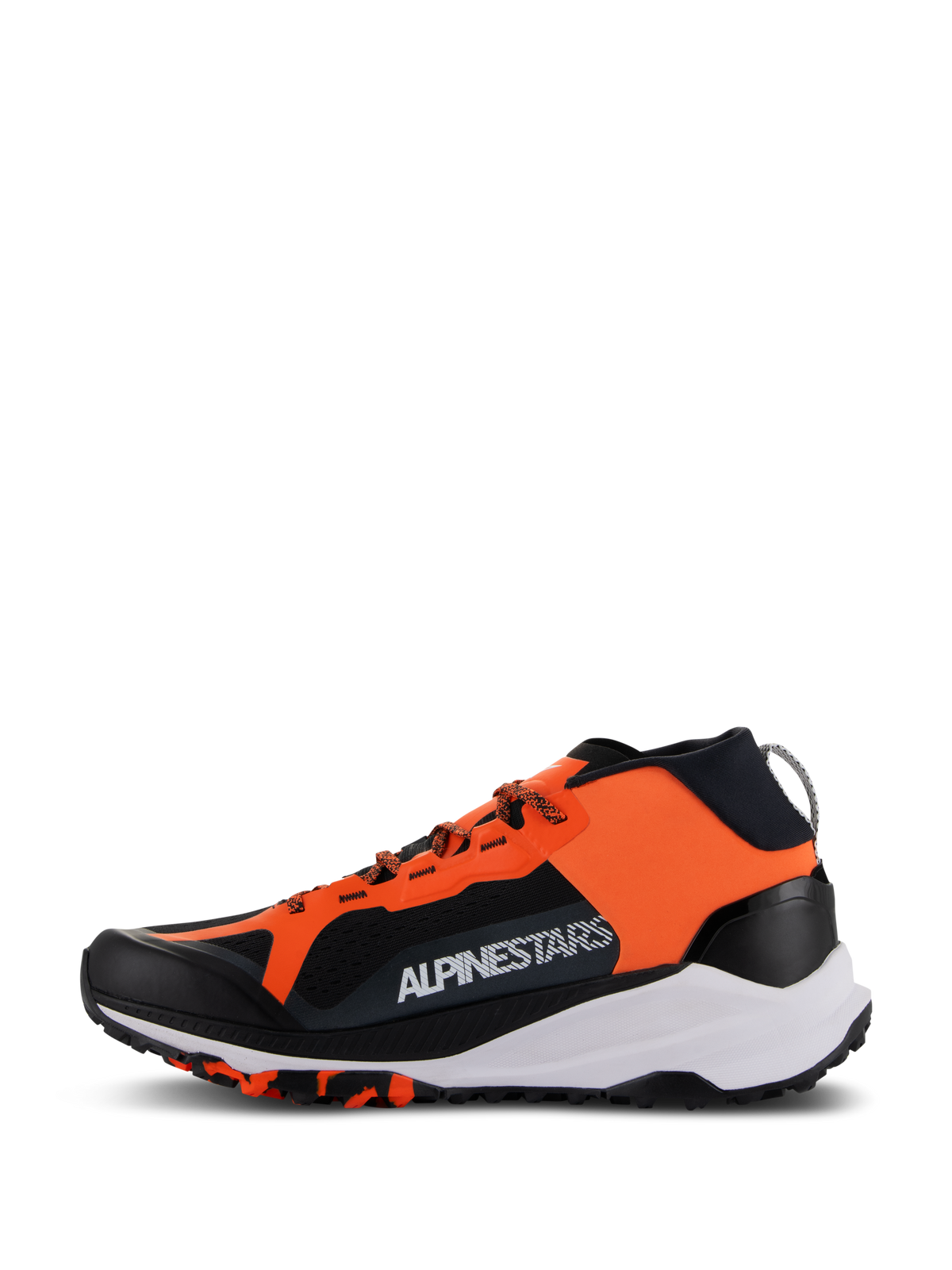 Alpinestars Meta XR V2 Shoes, Sport Casual Shoes, Black Orange and White, profile view featuring vibrant orange panel with white branding, breathable black mesh, thick white midsole, and rugged textured outsole.