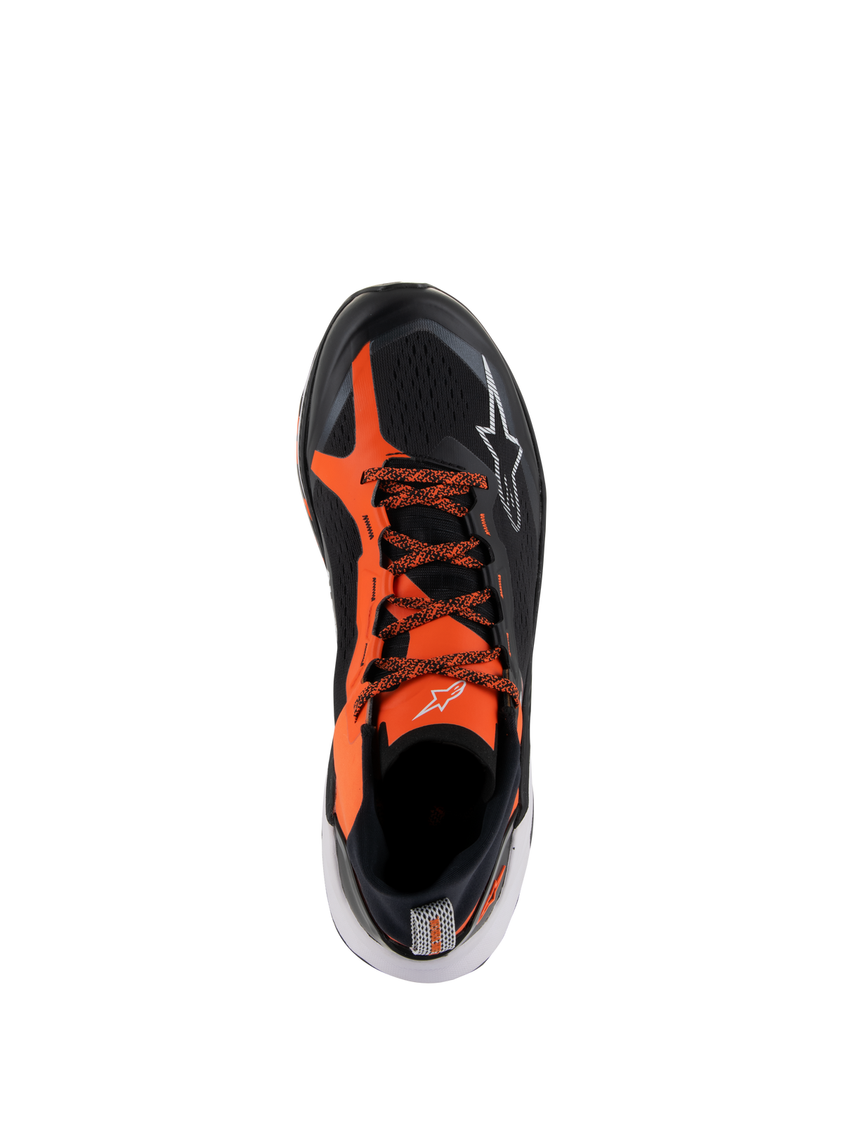 Alpinestars Meta XR V2 Shoes, Sport Casual Shoes, Black Orange and White, top-down view featuring a black technical mesh upper with vibrant orange overlays, patterned laces, and white logo details, designed for all-day comfort and stability.
