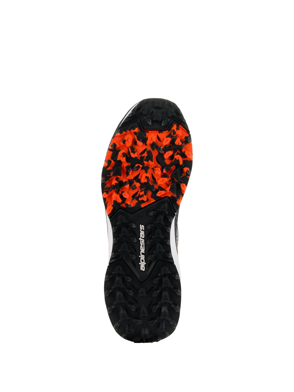 Alpinestars Meta XR V2 Shoes, rugged rubber outsole, Black and Orange, featuring high-traction lug pattern for dirty surfaces, white Alpinestars logo, oil-resistant and anatomically optimized for off-road grip