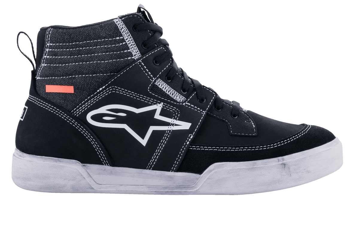 Alpinestars Ageless Riding Shoes, Urban Motorcycle Shoes, Black and White, high-top sneaker silhouette with suede and canvas panels, white contrast stitching, white A-star logo on the side, and a white rubber sole