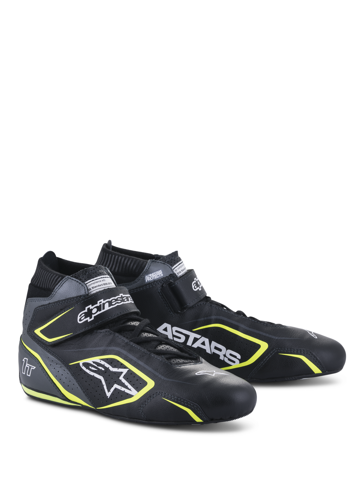 Alpinestars Tech-1 T V3 sko FIA, bilsportssko, sort, kold grå og gul fluo, fuldlæderkonstruktion med velcrostrop, gul fluo-detaljer, fremtrædende hvid branding med Alpinestars- og ASTARS-logoer, professionelt motorsport-design