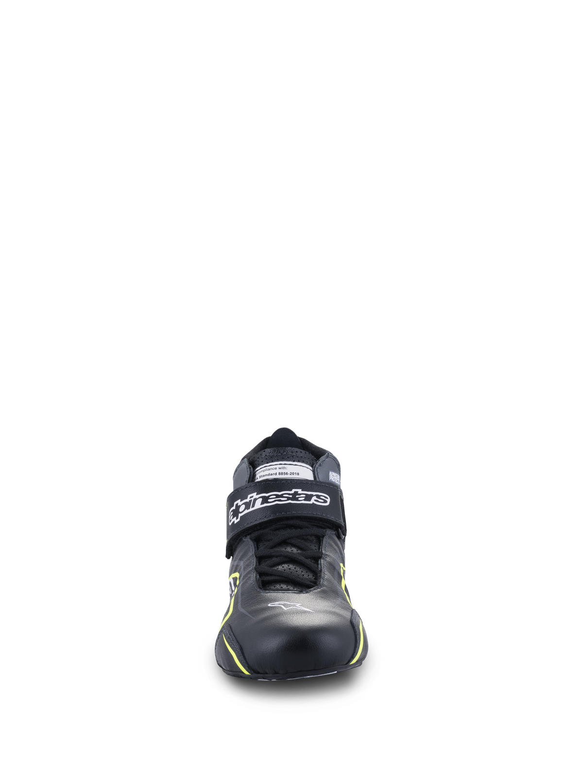 Alpinestars Tech-1 T V3-sko FIA, autoracersko, sort med Yellow Fluo-detaljer, set forfra, læderkonstruktion med ankelstrop med burrebånd, hvidt Alpinestars-logo, teknisk design til højtydende kørsel