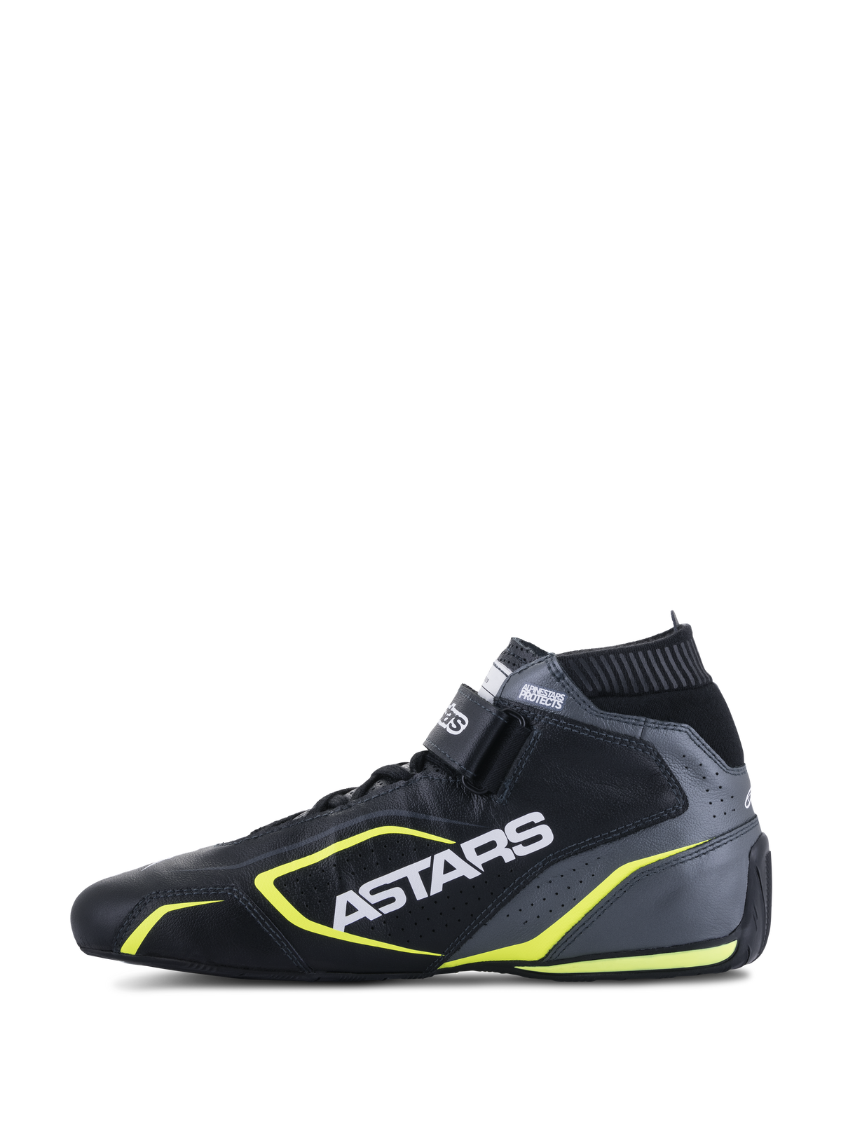 Alpinestars Tech-1 T V3 Sko FIA, racersko til bilsport, sort, Cool Gray og fluoriserende gul, sideprofil der viser læderkonstruktion, hvidt ASTARS-branding, elastisk brandhæmmende krave og markante gule detaljer.