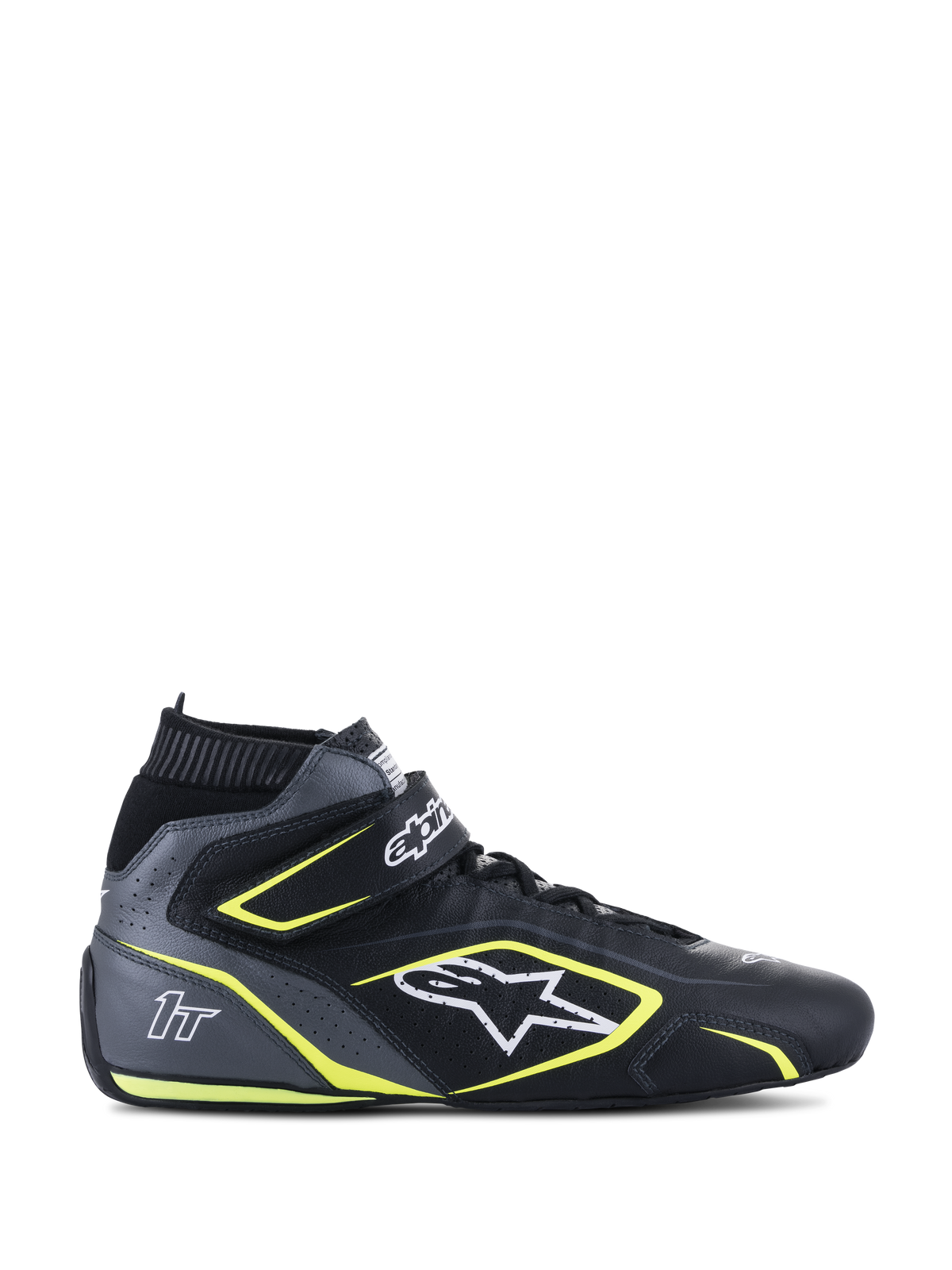 Alpinestars Tech-1 T V3 FIA racingsko, sort og mørkegrå med neongule detaljer, høj motorsportsko, perforeret okselæder, Velcro-rem ved anklen og snørebånd, hvidt logo og 1T-branding, FIA 8856-2018 certificeret til bilrace