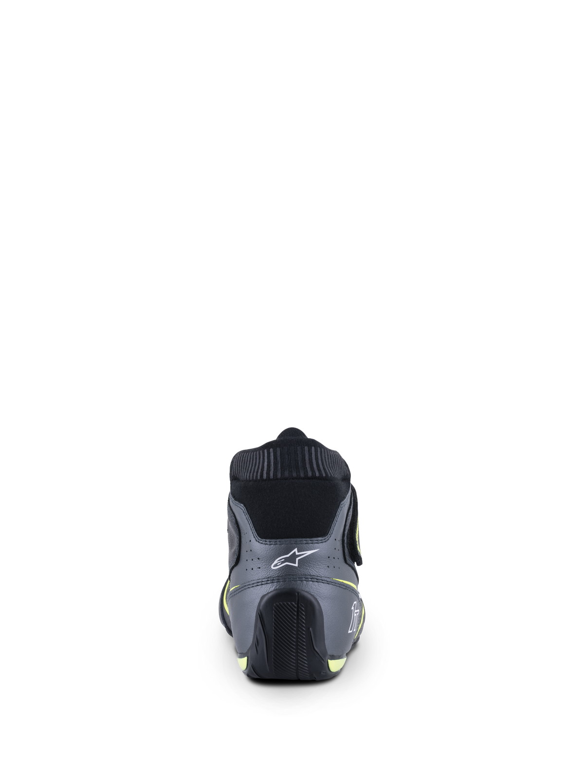 Alpinestars Tech-1 T V3-sko FIA, auto-racersko, sort, Cool Gray og Yellow Fluo, set bagfra med det hvide stjernelogo på hælen og brandhæmmende elastisk krave