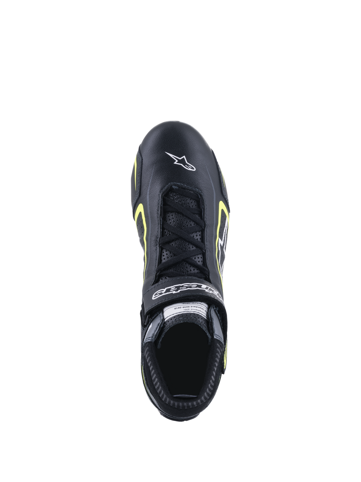 Alpinestars Tech-1 T V3-sko FIA, motorsports-sko, sort og fluoriserende gul, set ovenfra, viser læderkonstruktion, snørelukning og hvidt Alpinestars-logo på tåen.