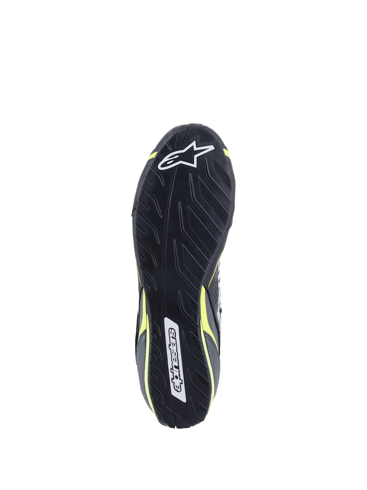 Alpinestars Tech-1 T V3 Sko FIA, ydersål, sort med Yellow Fluo-detaljer, asymmetrisk gummisål inspireret af dækmønstre, med Alpinestars-logoer og tekstureret mønster for pedalfølsomhed og greb.