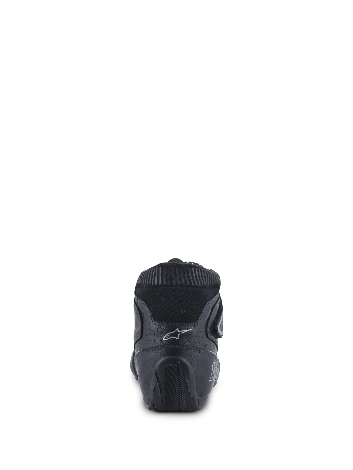 Alpinestars Tech-1 T V3 sko FIA, auto racing sko, sort og sølv, set bagfra viser den ergonomiske hælkappe, hvidt Astars-logo og tekstureret gummisål designet til pedalkontrol.