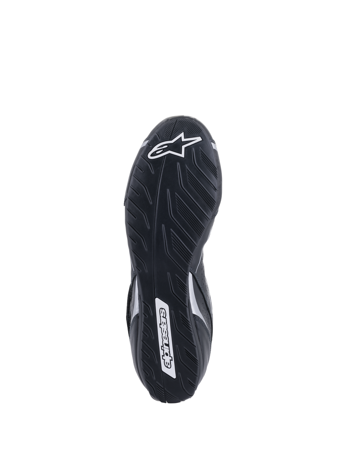 Alpinestars Tech-1 T V3 sko FIA, sålvisning, sort og sølv, asymmetrisk gummisål med dækmønster, hvidt Alpinestars-logo, tynd gummisammensætning for pedalfølsomhed