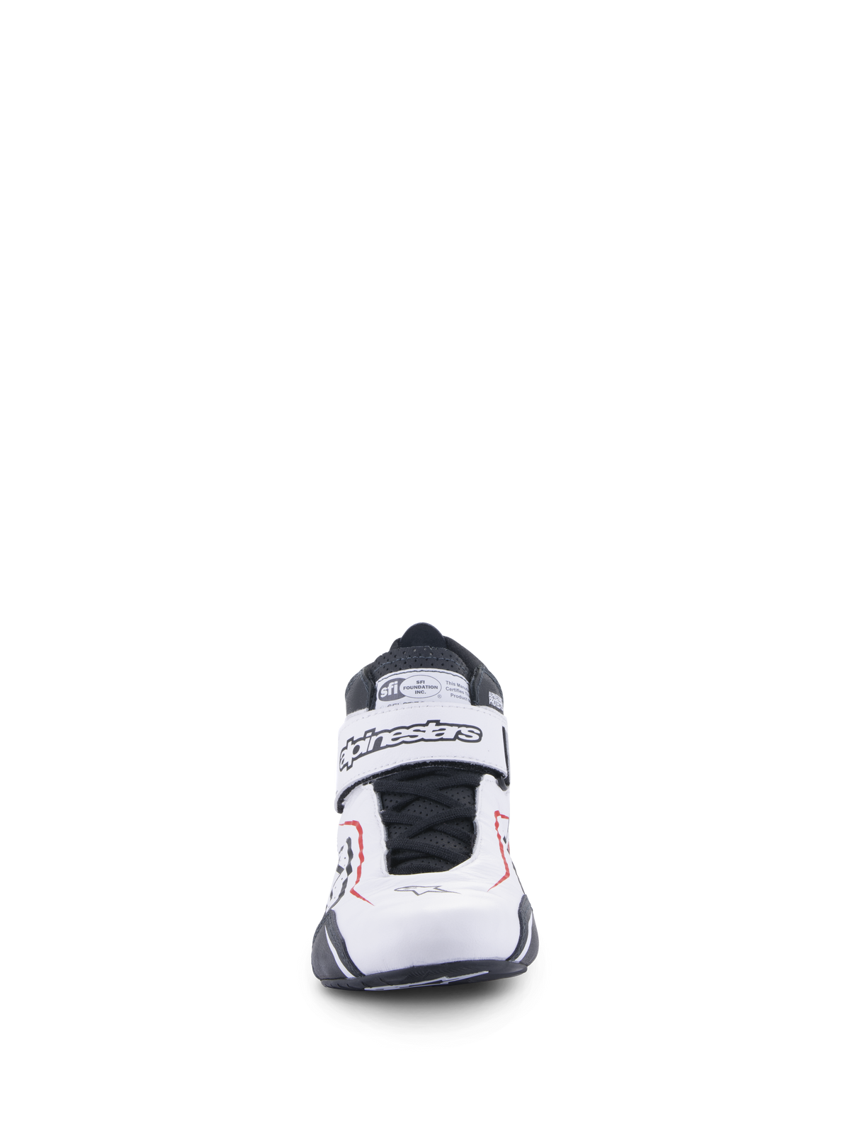 Alpinestars Tech-1 T V3 sko, bilsportssko, hvid, sort og rød, set forfra med krog-og-løkke-rem med Alpinestars-branding, sorte snørebånd og SFI-certificeringsmærke på pløsen
