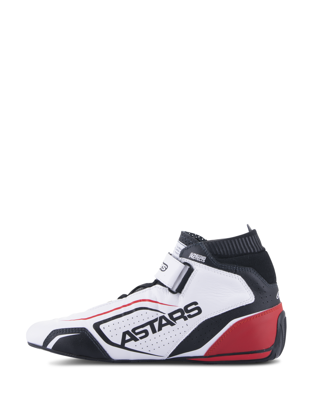 Alpinestars Tech-1 T V3-sko FIA, professionelt bilsportsfodtøj, hvid, sort og rød, profilvisning med ASTARS-branding på perforeret læder, sort brandhæmmende krave og røde detaljer på hælen, højtydende motorsportdesign