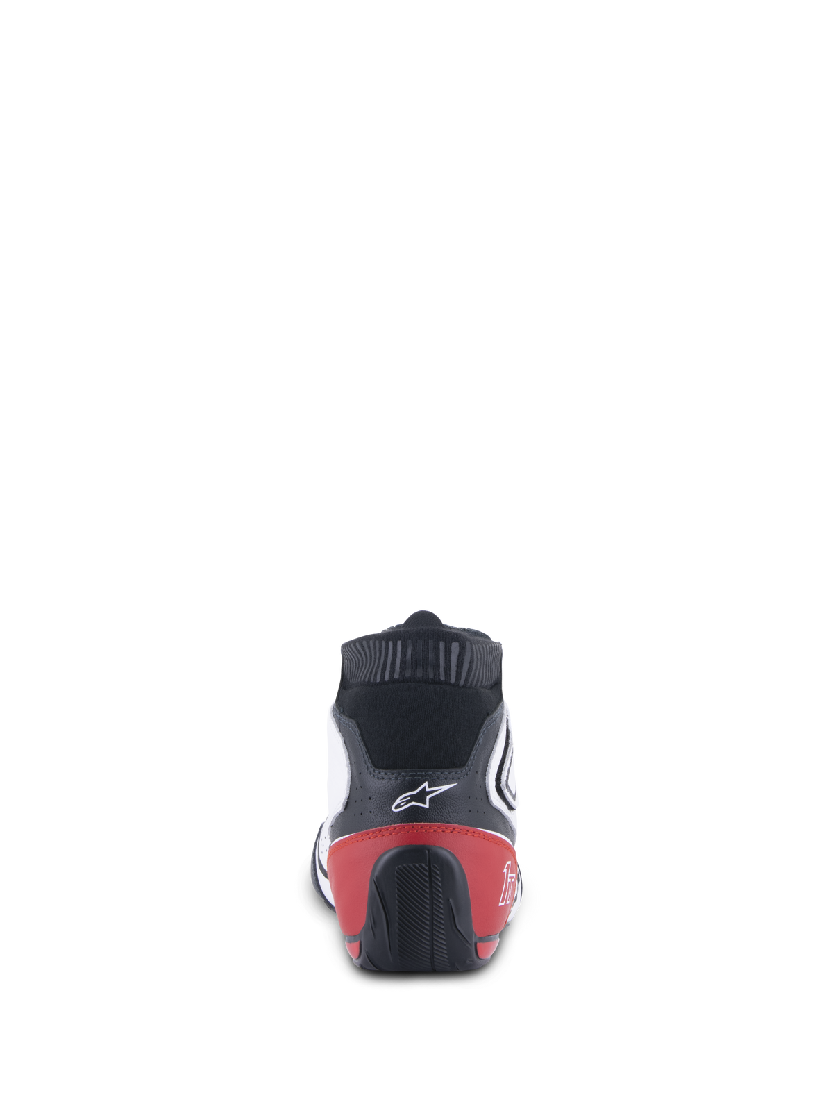 Alpinestars Tech-1 T V3 sko FIA, bilsportssko, hvid, sort og rød, set bagfra viser den røde hælkappe og sort tekstureret ydersål, hvidt Alpinestars-logo på sort læderoverdel
