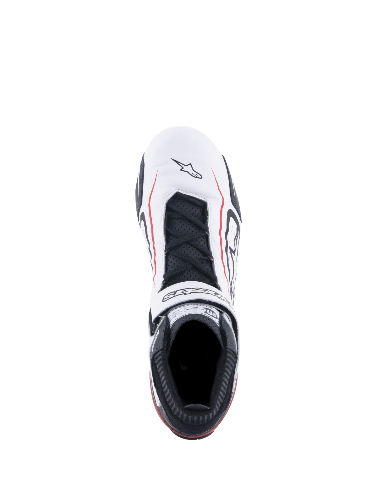 Alpinestars Tech-1 T V3 sko FIA, autosportssko, hvid, sort og rød, set fra oven med hvid læderoverdel og røde accentlinjer, sorte snørebånd, velcrostrop med logo og SFI-certificeringsmærke på pløsen