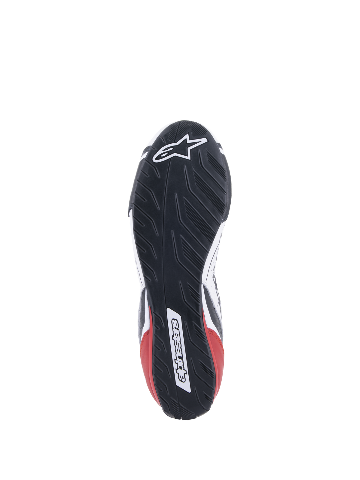Alpinestars Tech-1 T V3 sko FIA, auto-racingsko, hvid, sort og rød, detaljeret visning af den asymmetriske dækmønster-inspirerede gummisål, med Alpinestars-logo og ordmærke, oliebestandigt og vandafvisende ydersålsdesign